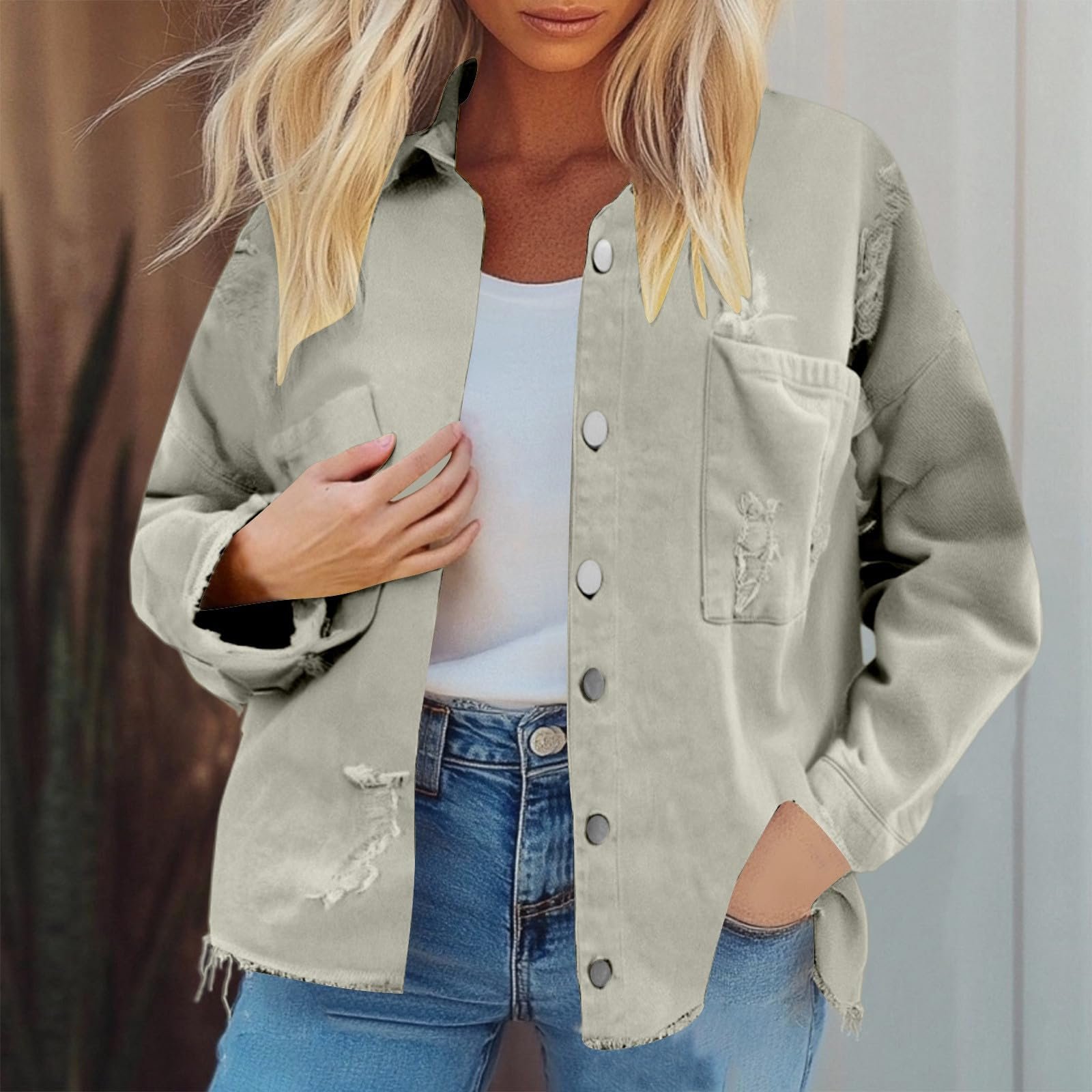 Джинсова куртка Generisch Жіноча Oversize Верхній одяг Authentics Джинсова куртка Жіноча Довгий рукав Коротка джинсова куртка з кишенею, фото №2