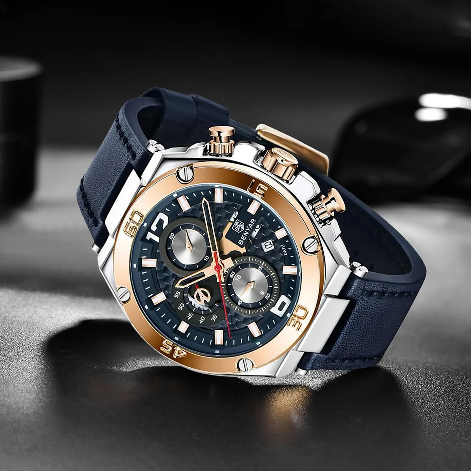 Часы BENYAR Мужские Часы Хронограф Мужские Золотой/Серебряный/Синий/Черный Кожаный Ремешок/Нержавеющая Сталь Кварц, фото №6 Часы BENYAR Мужские Часы Хронограф Мужские Золотой/Серебряный/Синий/Черный Кожаный Ремешок/Нержавеющая Сталь Кварц, фото №6