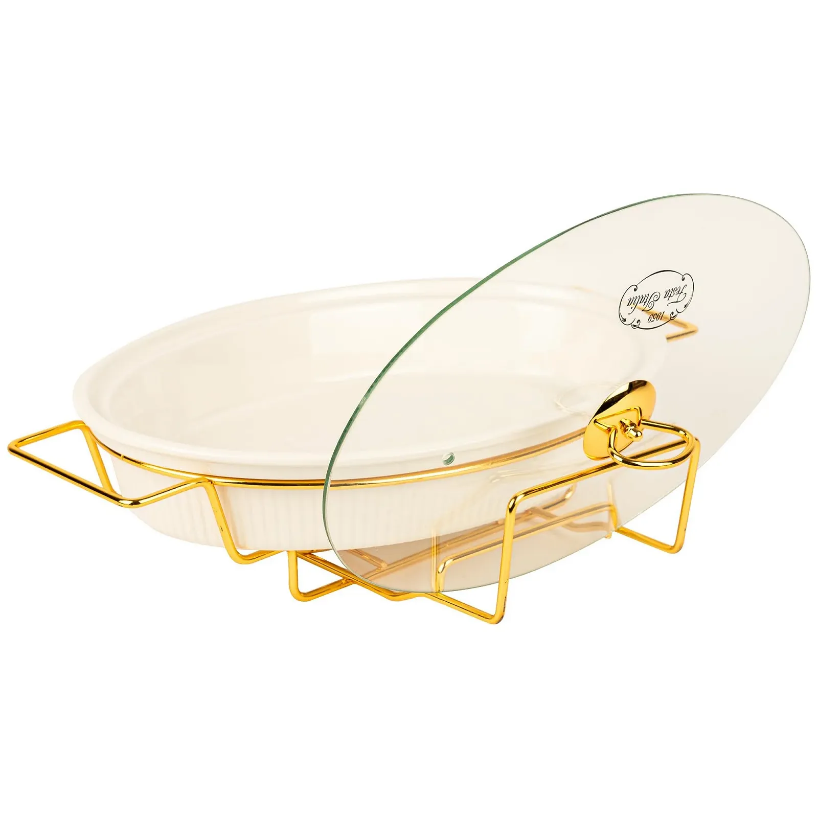 Форма для запекания 2.1 L керамическая овальная с крышкой и подставкой для подогрева белая, фото №5