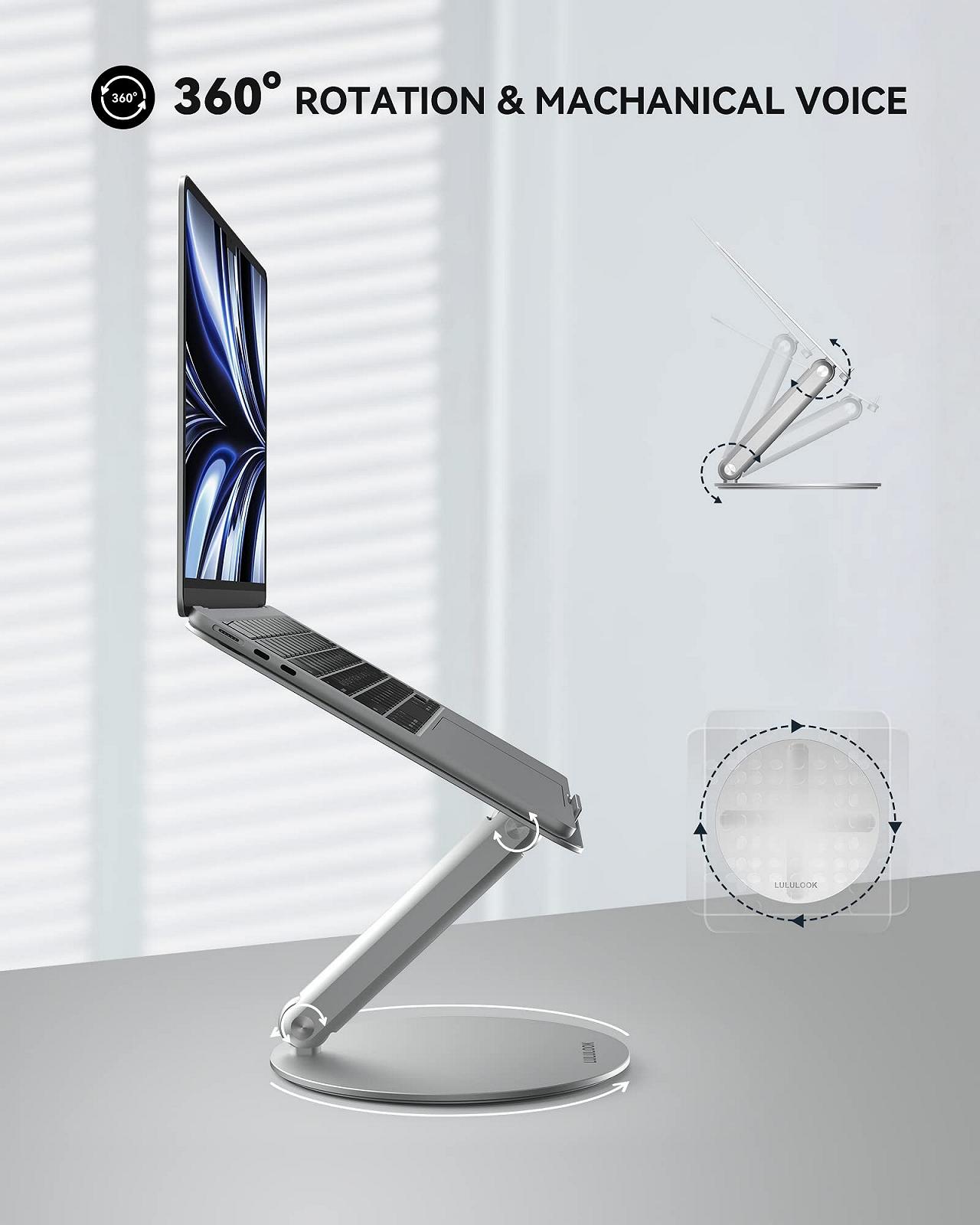 Підставка для ноутбука LULULOOK складана з основою, що обертається на 360 градусів, регульована, для всіх ноутбуків 10-17 дюймів, срібляста, фото №2