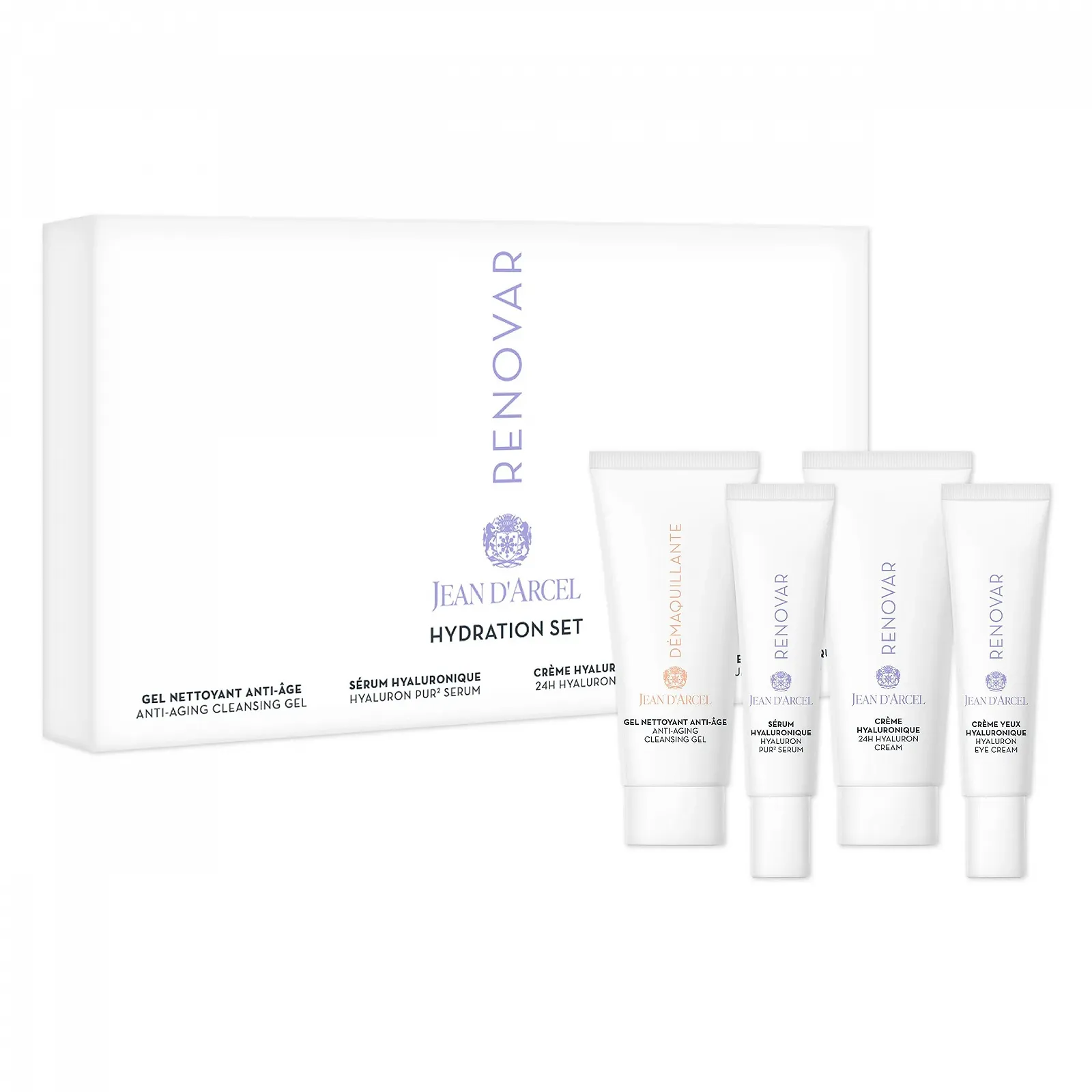 Набір косметики (мініатюри) JEAN D'ARCEL Renovar Hydration: гель для вмивання (20 мл), сироватка (10 мл), крем для очей (7.5 мл) та крем для обличчя (20 мл), фото №1