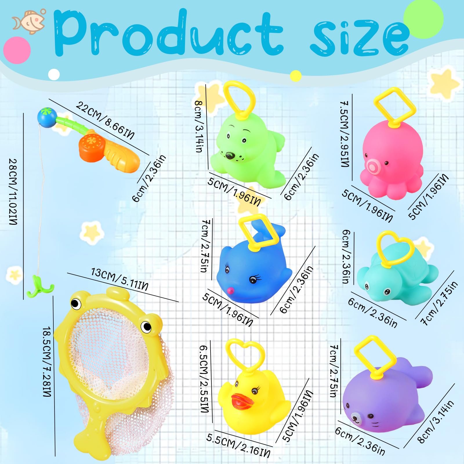 Іграшка для ванни Набір 8 шт (сачок, вудка, качка, черепаха, риба, морський лев, восьминіг, риба) Різнокольоровий, фото №2