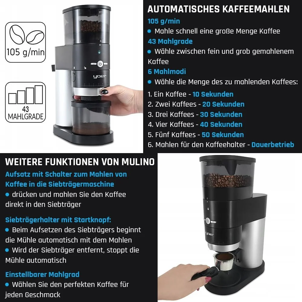 Кофемолка Yoer Mulino BCG01BK Электрическая 150 Вт Дисковая Автоматическая 43 уровня помола Коническая Сталь Черный, фото №3