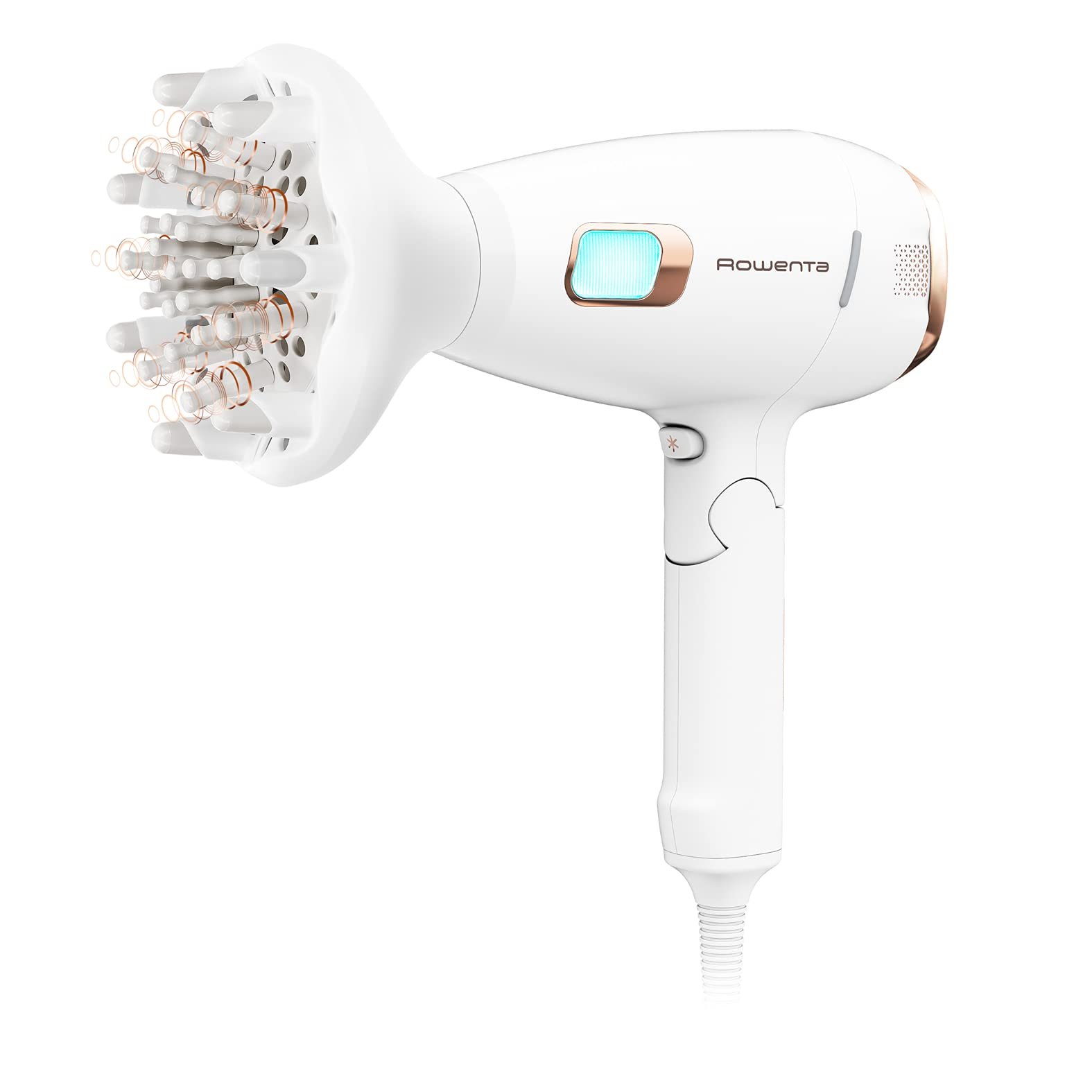 Фен Rowenta Ultimate Experience Massage 2200 Вт, с цифровым мотором, ионизацией, массажной насадкой, бело-медный, фото №1