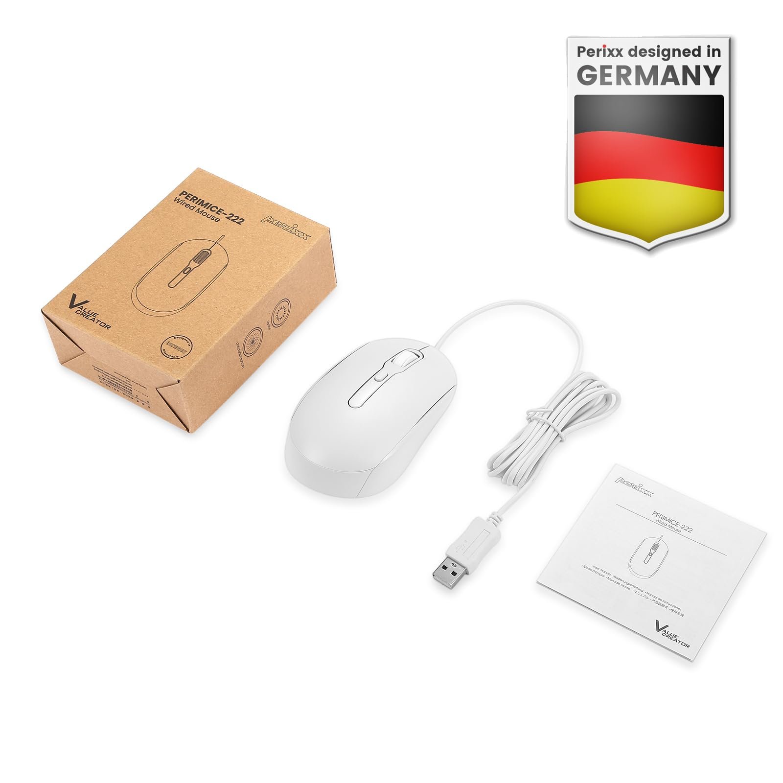 Миша дротова оптична Perixx PERIMICE-222, регульована DPI 1200/1600/2000, тихий клік, кабель 1,8 м, біла, фото №7