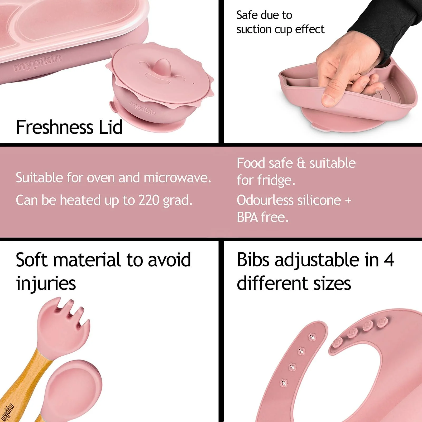 Набір дитячого посуду mypikin Рожевий, 5 предметів: тарілка, миска, слинявчик, виделка, ложка, кришки, фото №5