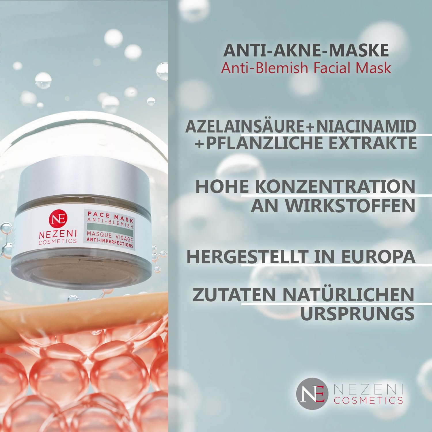 Маска для лица Nezeni от акне 60 мл, 14 активных ингредиентов, салициловая кислота, ниацинамид, азелаиновая кислота, чайное дерево и ним, веганская, для жирной и проблемной кожи, фото №8