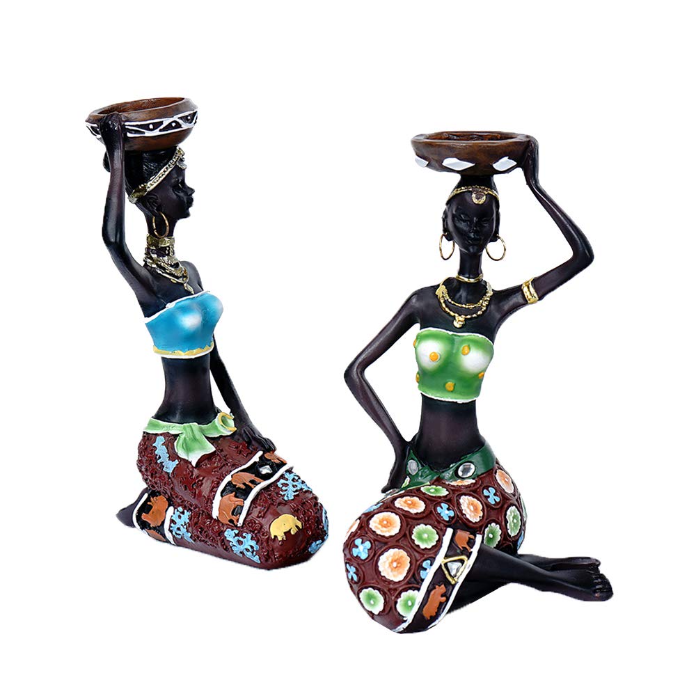 Подсвечник HYFAN African Style Statue Black Woman Украшение Винтажная скульптура Ретро фигуры Ручная работа (Черный, 2 шт.), фото №1