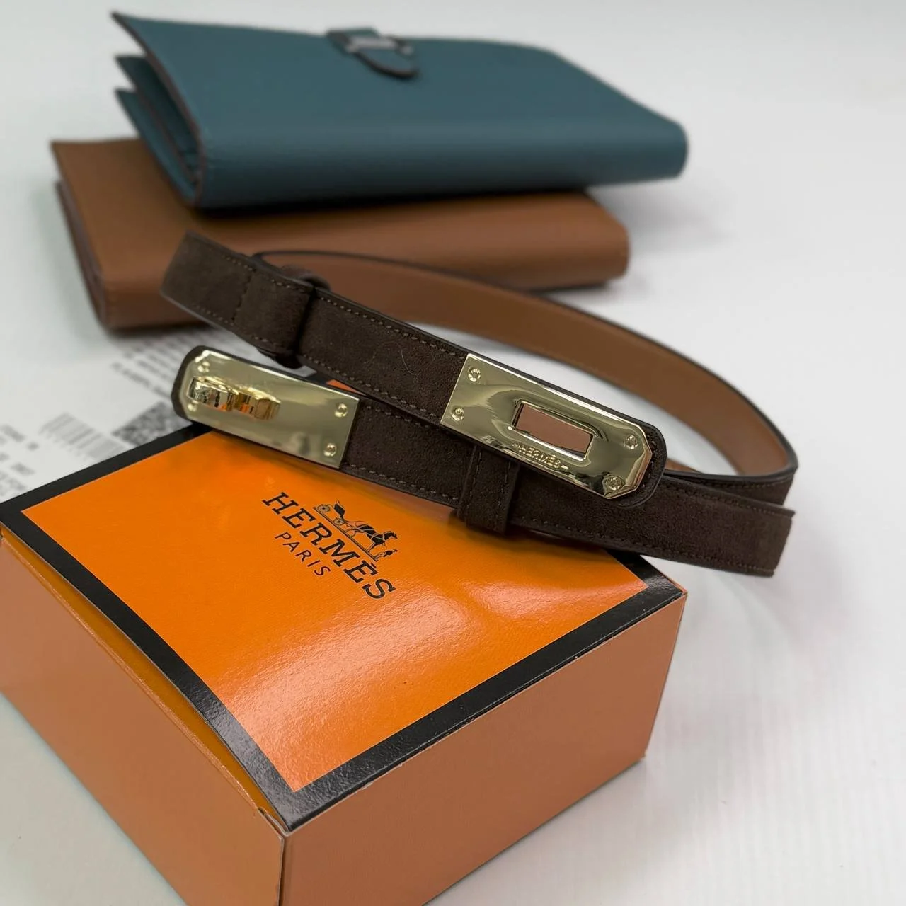 Ремень женский тонкий замшевый коричневый пояс Hermes Kelly, фото №3