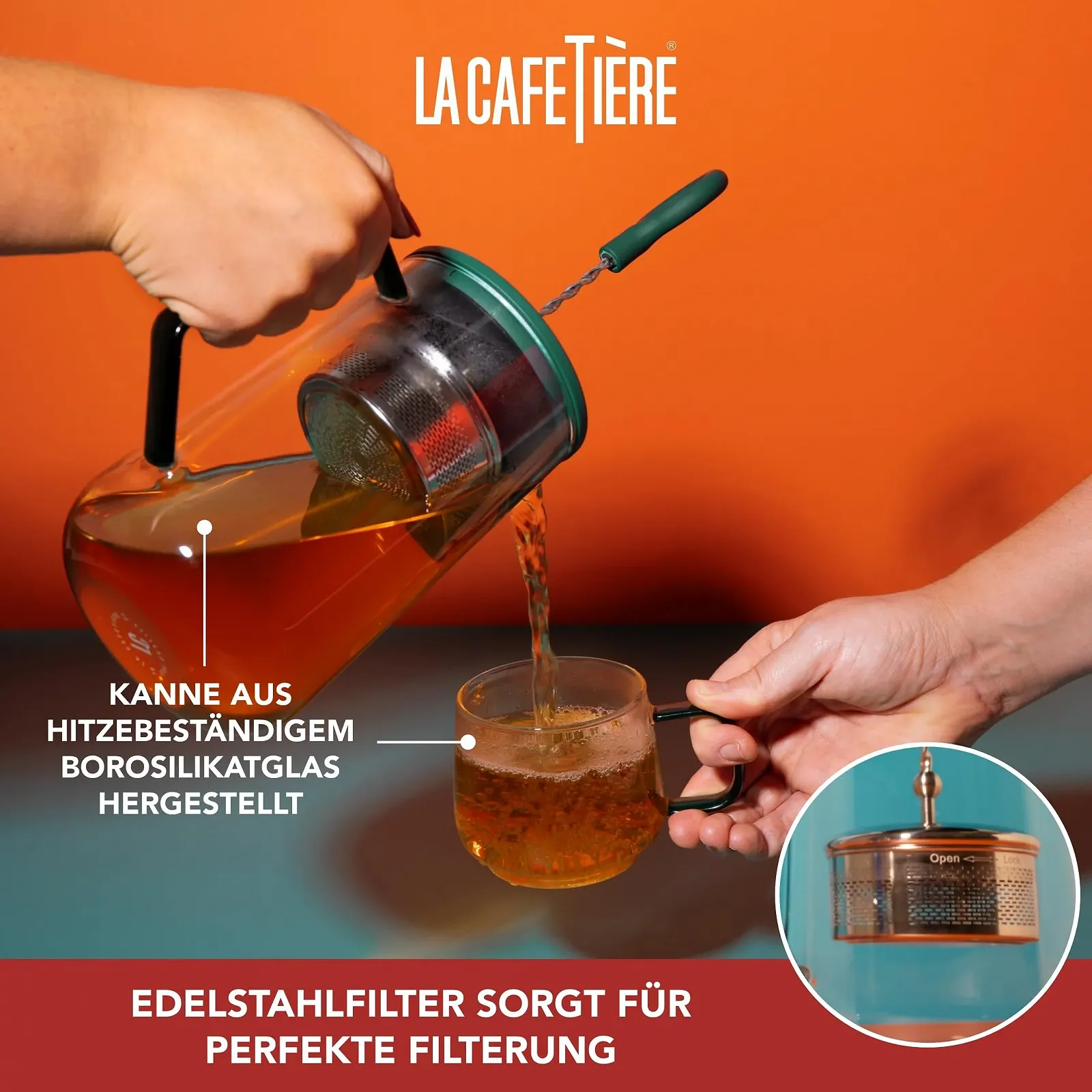 Набор из чайника и стаканов La Cafetière Gyro Spinfuser 1.25 л на 4 чашки из боросиликатного стекла с фильтром из нержавеющей стали зеленый, фото №5