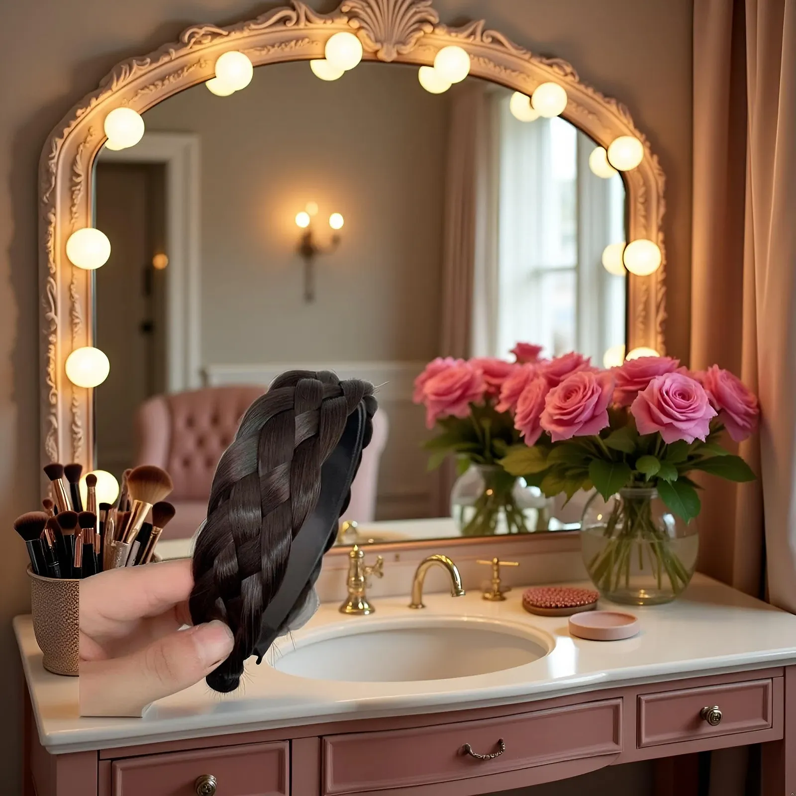 Обруч плетений з широкими полями проста з косою у хвості Чорно-коричневий, фото №3 Обруч плетений з широкими полями проста з косою у хвості Чорно-коричневий, фото №3