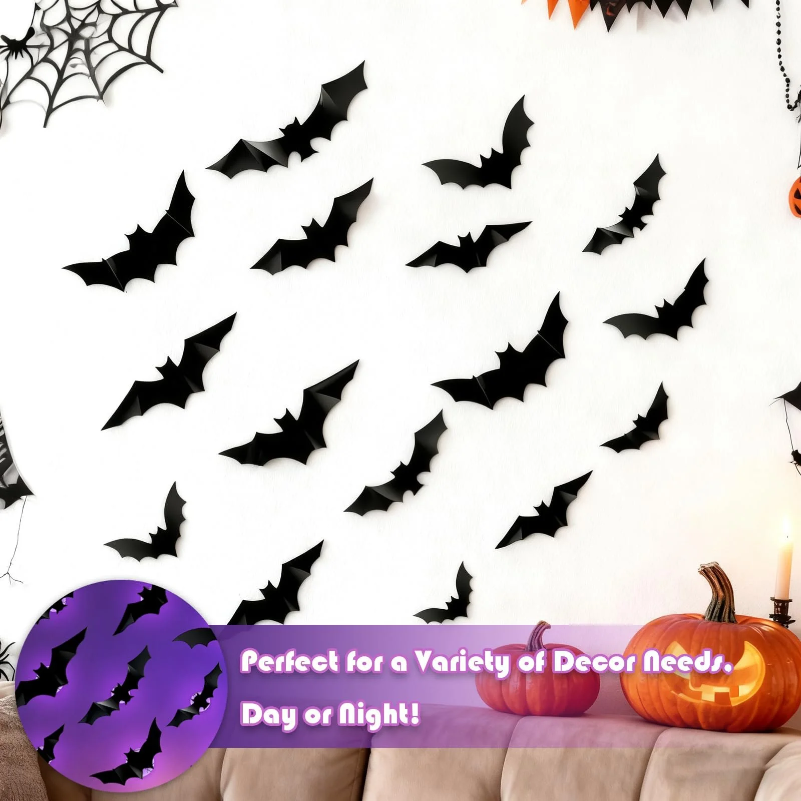 Наклейки на стіну Halloween Decorative Bat LED 24 шт. 3D Фіолетовий, фото №4