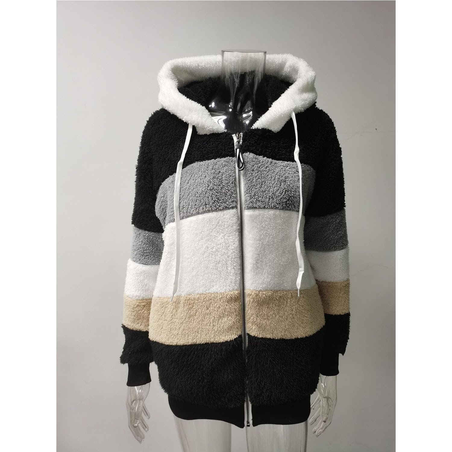 Пальто з контрастним візерунком QKCQQTS, жіноче, вільне, з капюшоном, тепле, клаптикове, з капюшоном, фото №2