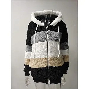 Пальто з контрастним візерунком QKCQQTS, жіноче, вільне, з капюшоном, тепле, клаптикове, з капюшоном synthetic.ua - Фото 1