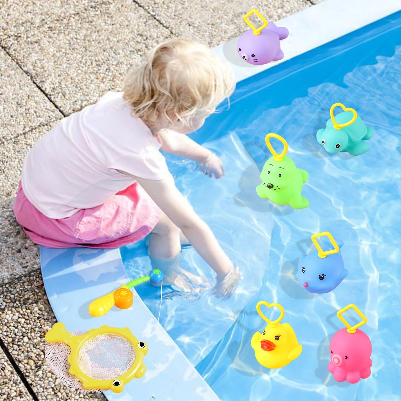 Іграшка для ванни Набір 8 шт (сачок, вудка, качка, черепаха, риба, морський лев, восьминіг, риба) Різнокольоровий, фото №7