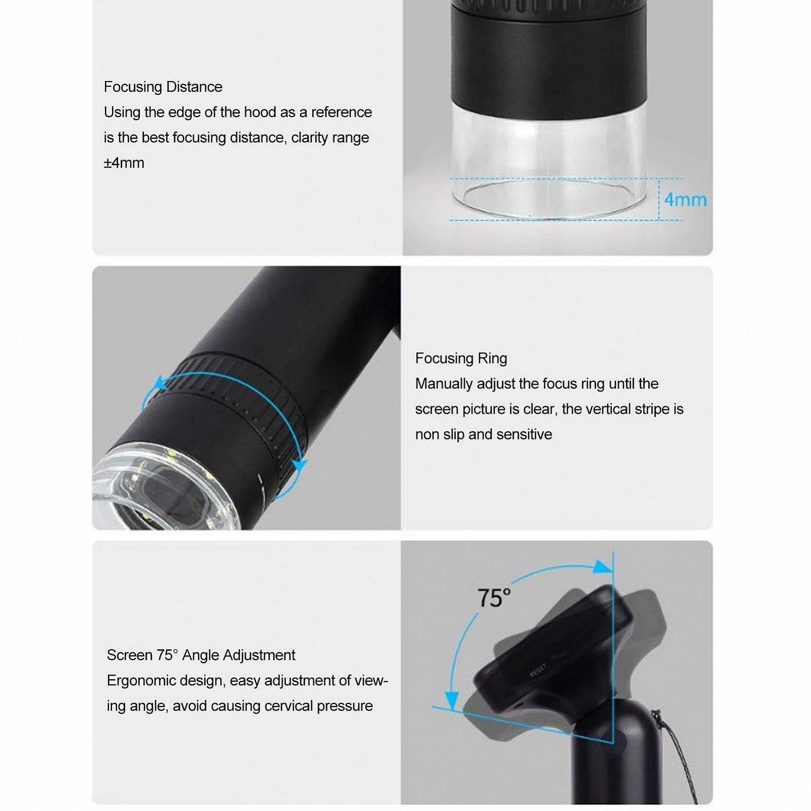 Цифровой микроскоп USB 1000x, подключение к ПК, портативный микроскоп с 2-дюймовым IPS-экраном, видео 1080p, 8 светодиодных ламп для ювелирных изделий, растений, камней для студентов и любителей, фото №7