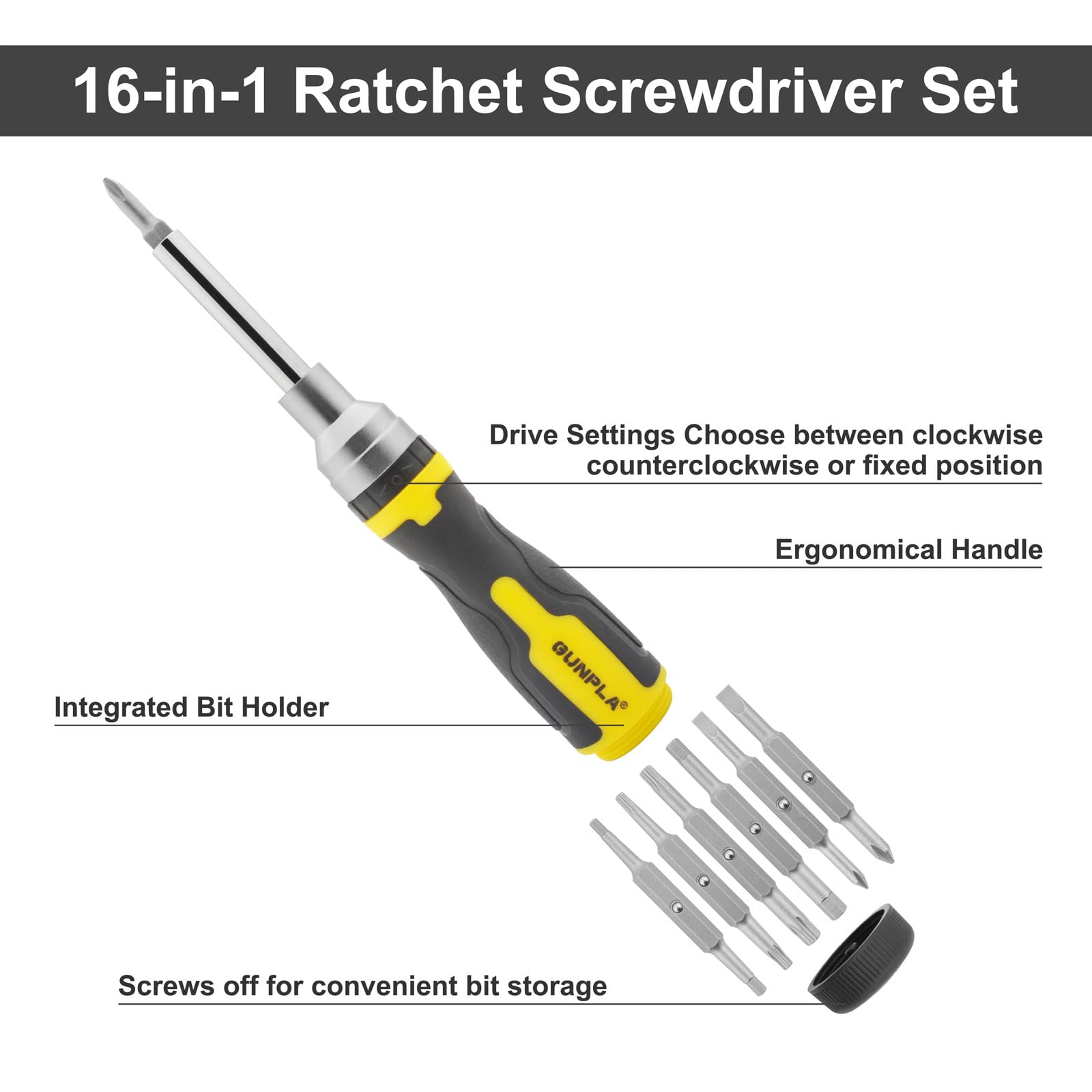 Набір викруток Gunpla Ratchet Screwdriver Set 16 in 1 Ratchet викрутка-тримач з бітами 72 зуби з 7 подвійними бітами та подовжувальної штангою викрутка з бітами в ручці, фото №2