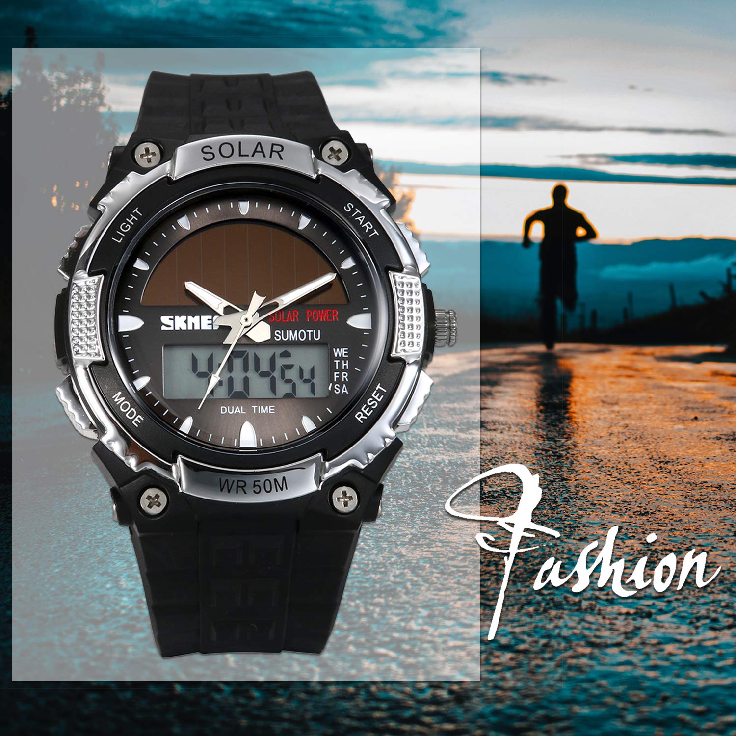 Часы Avaner Solar Мужские Аналоговые Цифровые Кварцевые с Двумя Часовыми Зонами Водонепроницаемые Спортивные с Резиновым Ремешком LED Подсветка Секундомер, фото №2