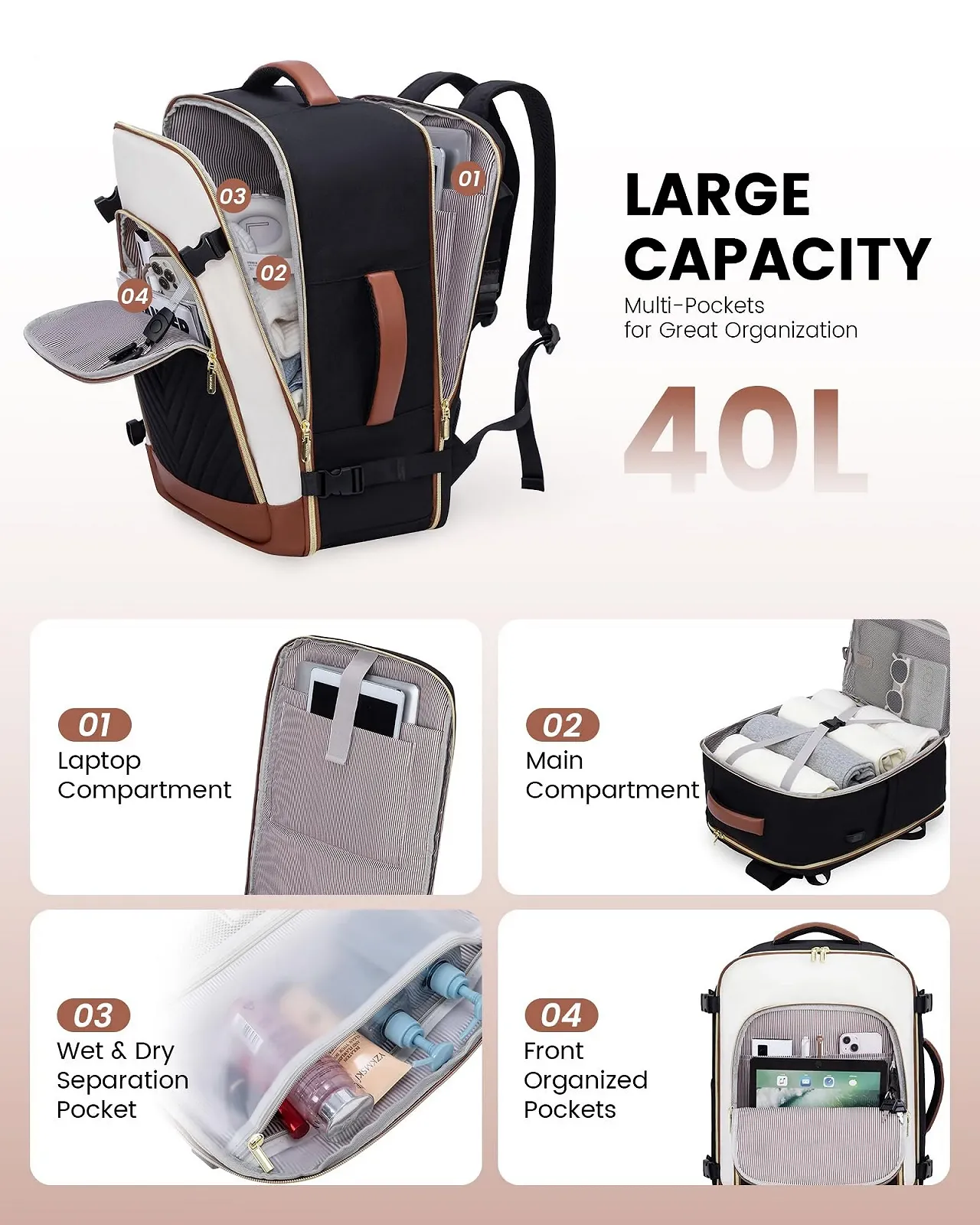 Рюкзак LOVEVOOK 40L для ручної поклажі жіночий 17.3 дюйма Black / White / Brown, фото №3