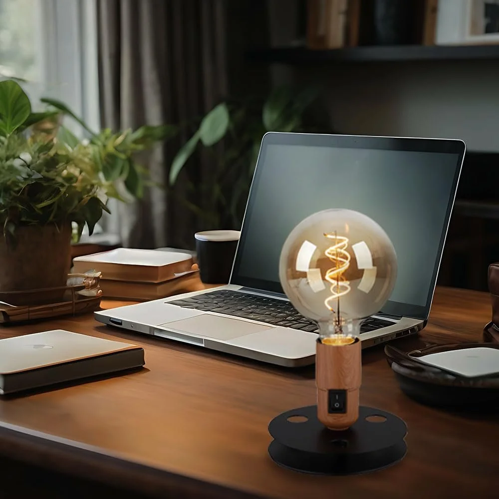 Настольная лампа GLOBO LIGHTING Vintage Bedside Lamp Industrial черное основание под дерево, металл, 1x E27, 12х9 см, набор из 2 шт., фото №4