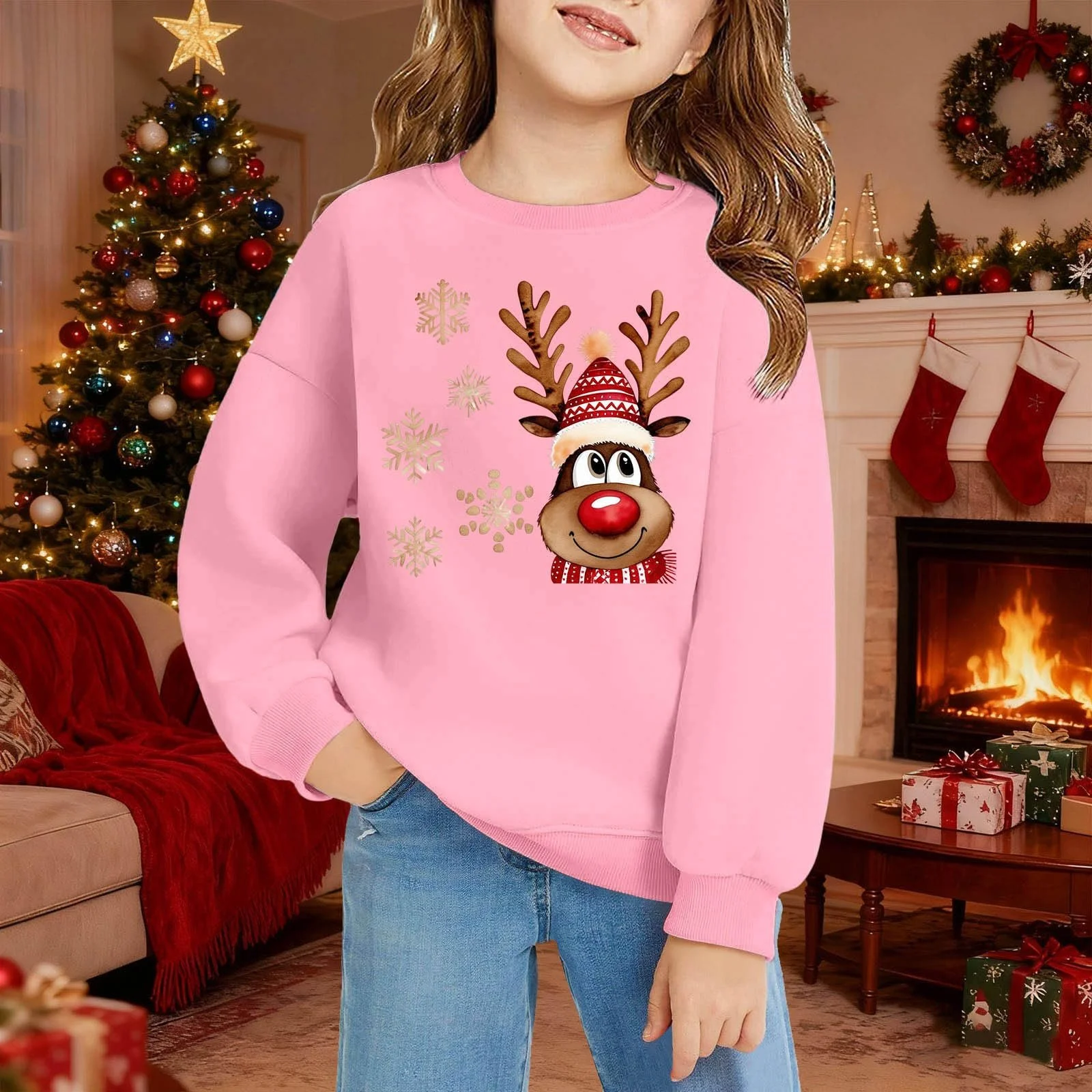 Рождественский свитер для девочки - Свитшот с круглым вырезом и карманом для девочки, с длинными рукавами, уютный зимний пуловер, мягкий флисовый повседневный верх для праздничного сезона, фото №3