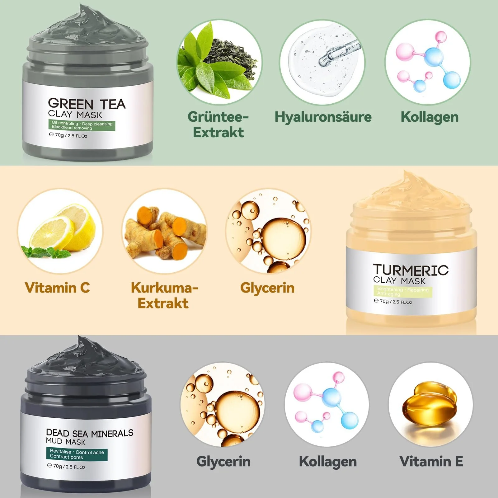 Маска для лица Набор Глина Куркума, Зеленый чай & Мёртвое море 3 x 70 г, фото №7