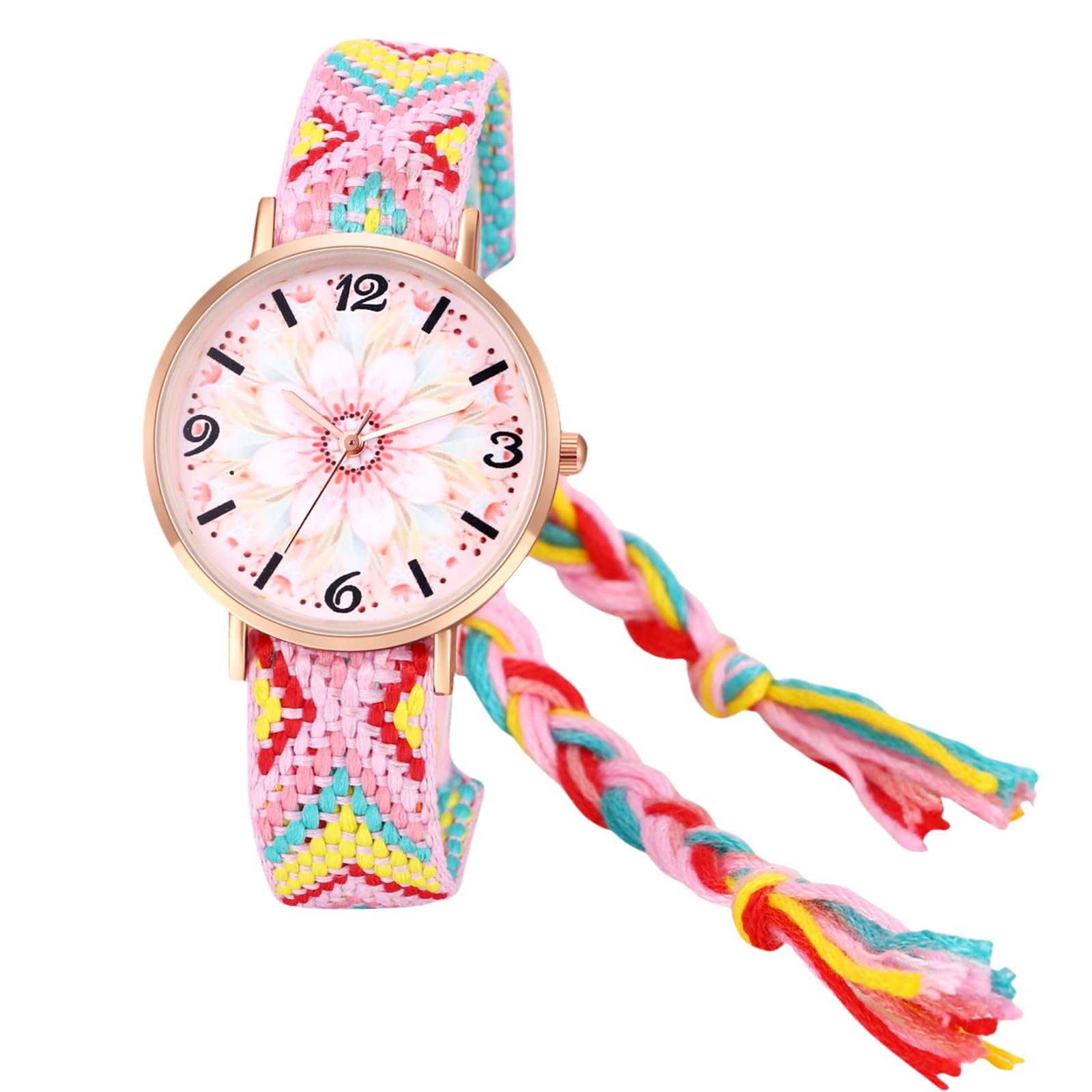 Женские часы Кварцевые Аналоговые с плетеным ремешком JewelryWe Boho Flowers с цветочным циферблатом, фото №1