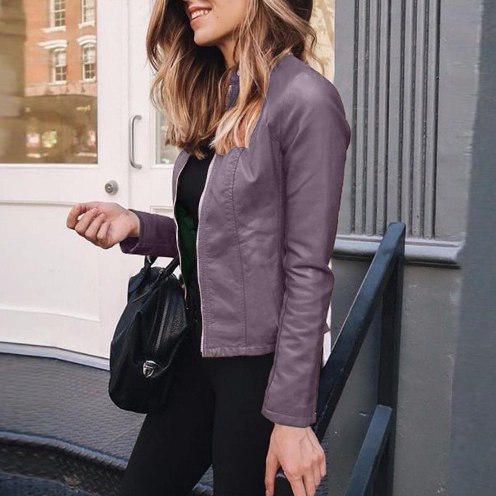 Жіноча куртка зі штучної шкіри на блискавці з довгими рукавами, фото №6