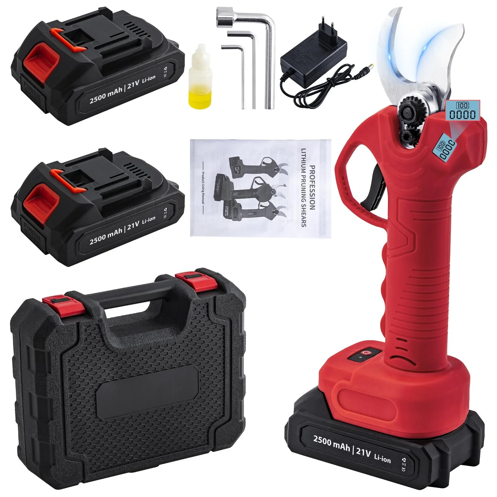 Секатор акумуляторний CHANGEMOORE 21 V з 2 акумуляторами 2,5 А·год, зарядним пристроєм, 8 годинами роботи, штанговий сучкоріз 28 мм з РК-дисплеєм, для саду, гілок і фруктових садів, фото №1