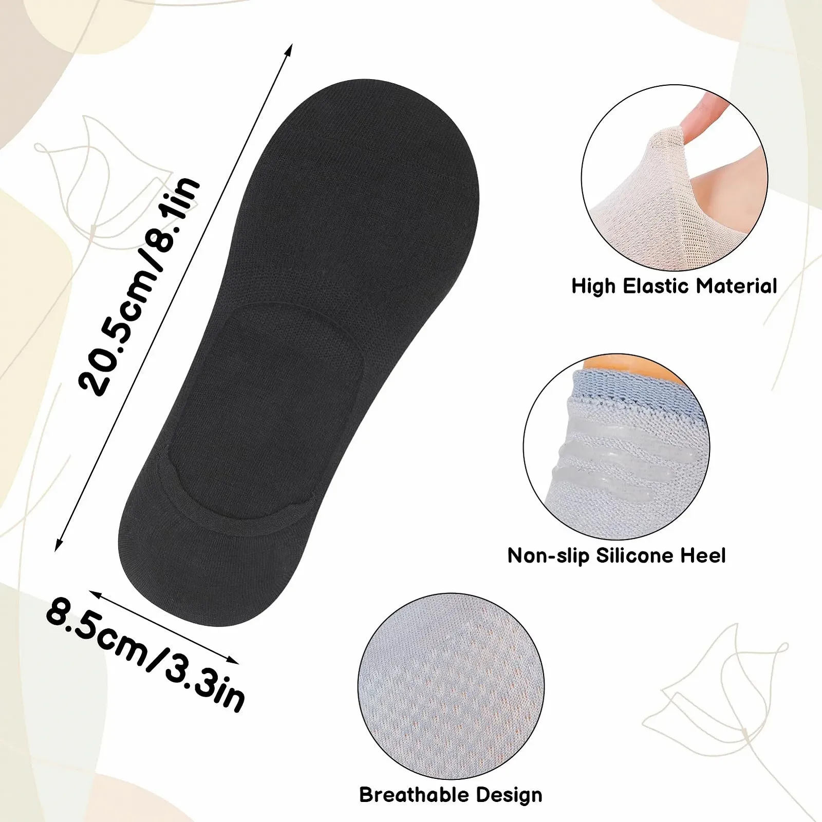 Женские носки Тип: Подследники 7 пар Цвет: Розовый, зеленый, оранжевый, серый, белый, голубой, черный, размер 35-40, фото №2