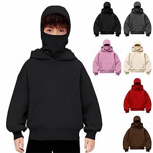 Худи Balaclava Ninja на молнии Детское худи для мальчиков и девочек Балаклава Подросток Ninja Стиль Однотонный Базовый Теплый на молнии и с карманом Oversize Y2K Топы - Фото 1