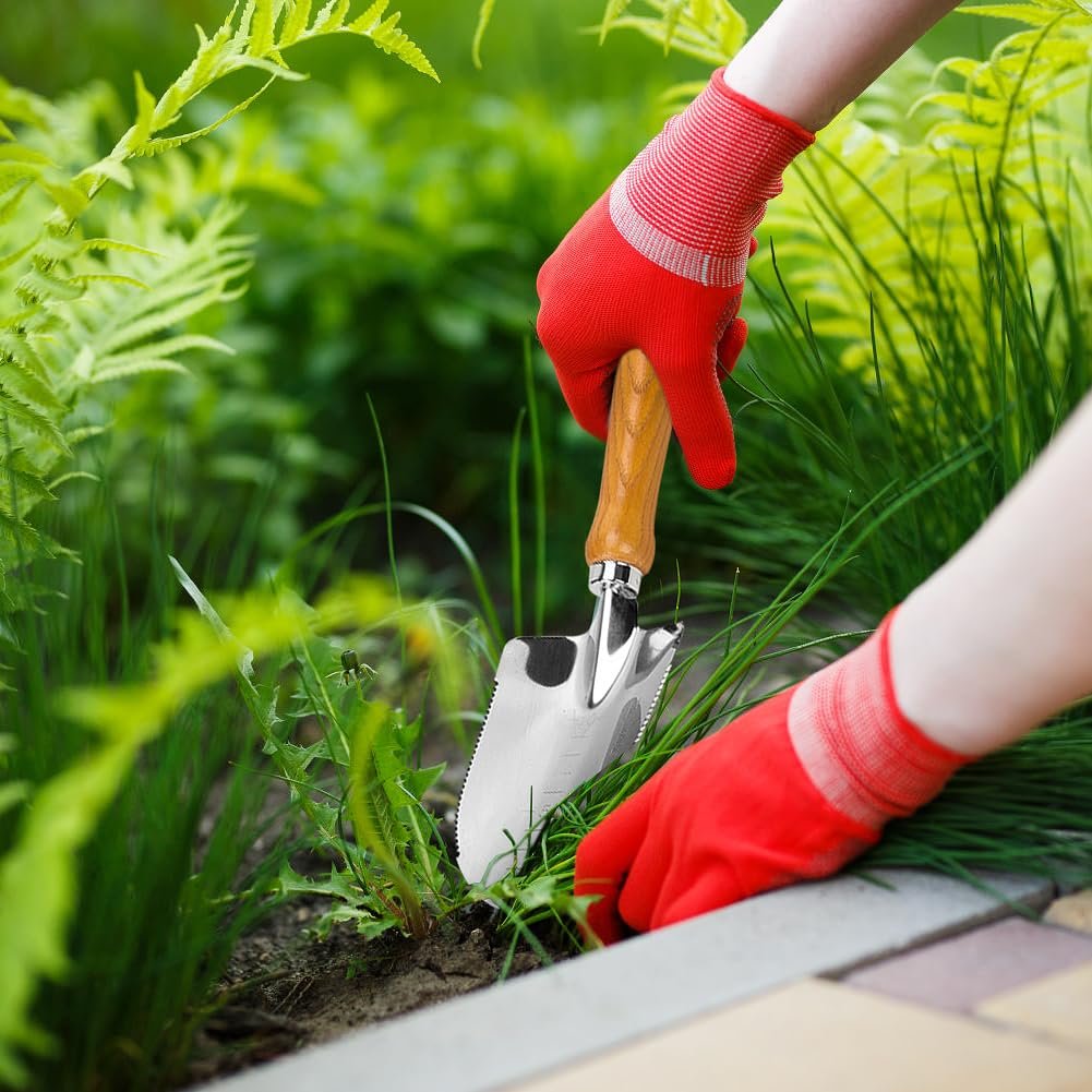 Кельма садова з мітками глибини, ергономічною дерев'яною ручкою, інструмент з нержавіючої сталі для посадки, прополки, пересадки і розгладження ґрунту, фото №8