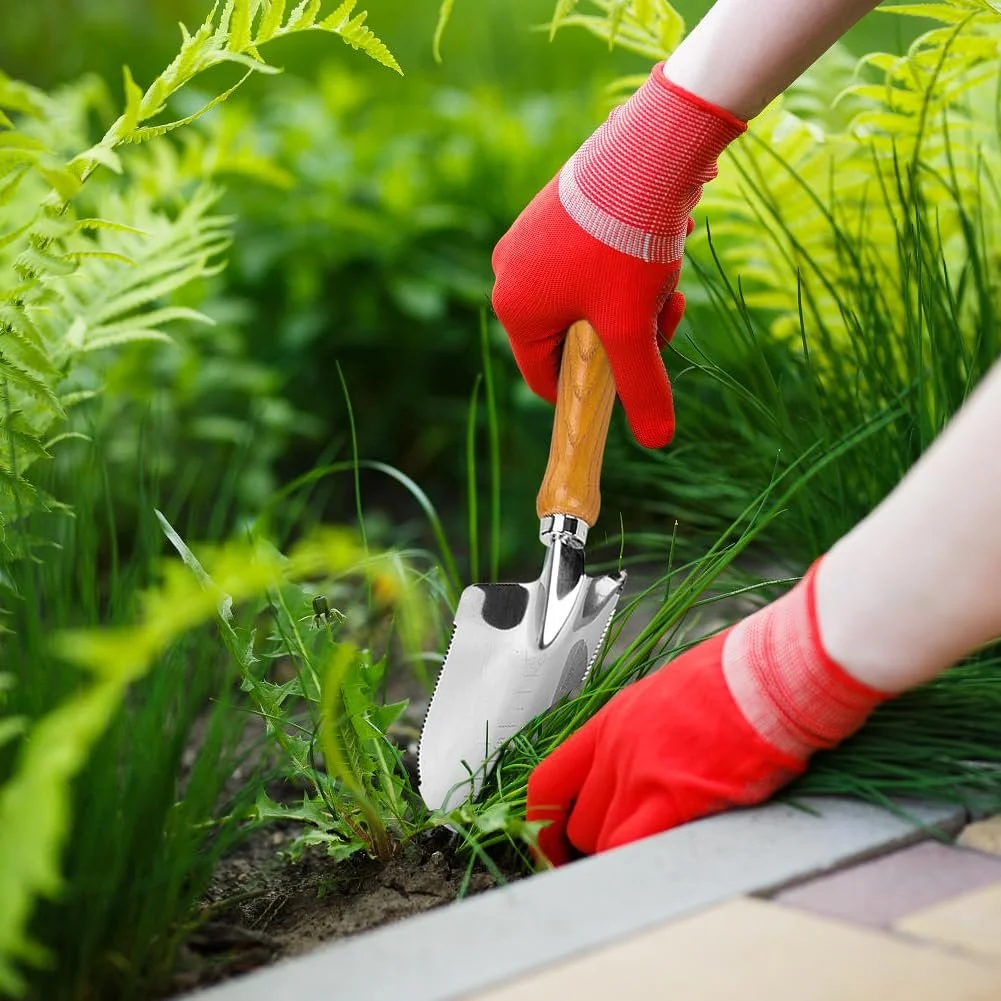 Кельма садова з мітками глибини, ергономічною дерев'яною ручкою, інструмент з нержавіючої сталі для посадки, прополки, пересадки і розгладження ґрунту, фото №8
