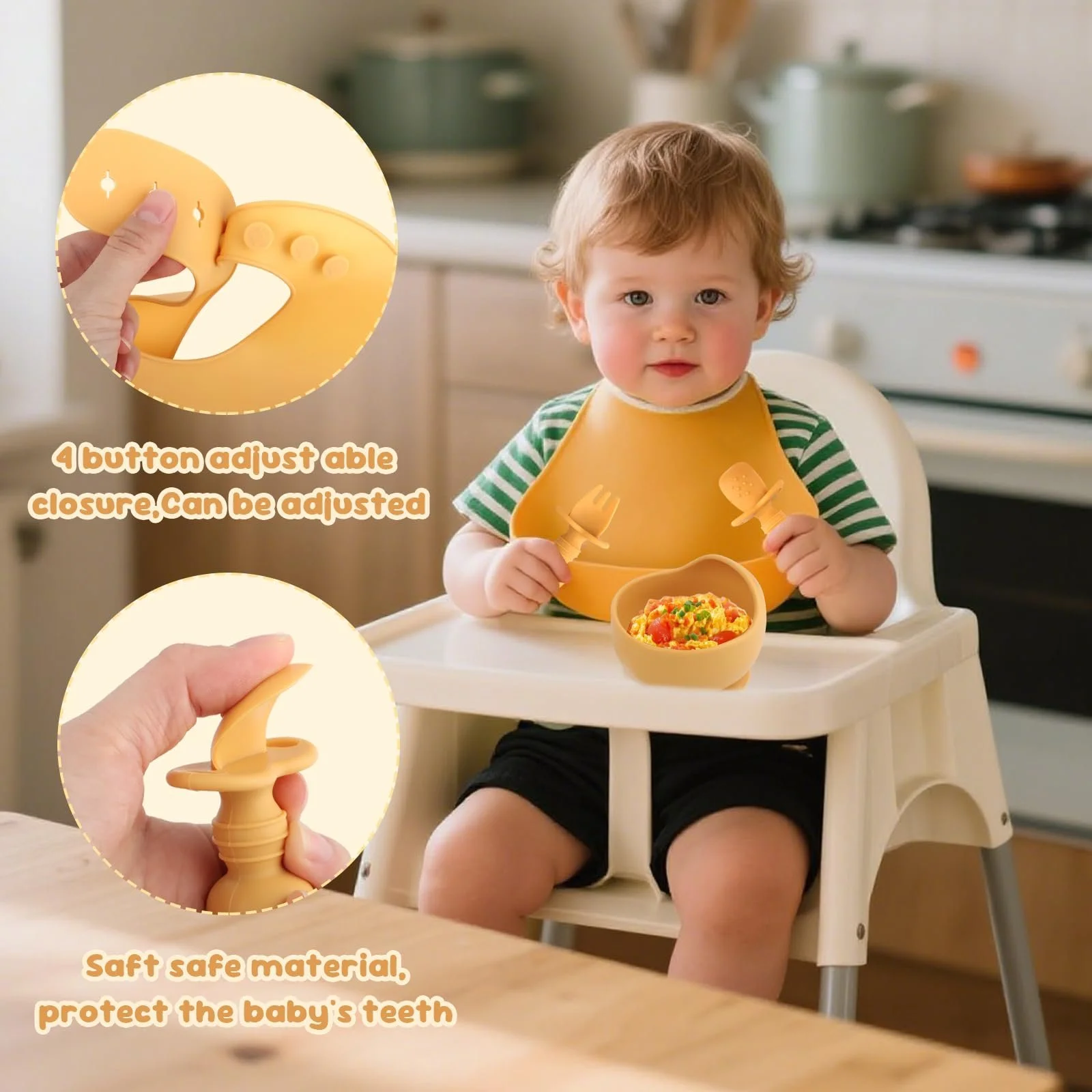 Набор детской силиконовой посуды, нескользящий с присоской, 8 предметов: детская тарелка, детская тарелка с присоской, силиконовая чашка, ложка, вилка, нагрудник, чашка для питья, фото №4