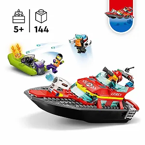 LEGO City 60373 Пожарный катер, игрушка, плавает в воде, со скоростным катером, 3 минифигурки и реактивный ранец, игрушечный пожарный катер, идея подарка для мальчиков и девочек от 5 лет synthetic.ua - Фото 1