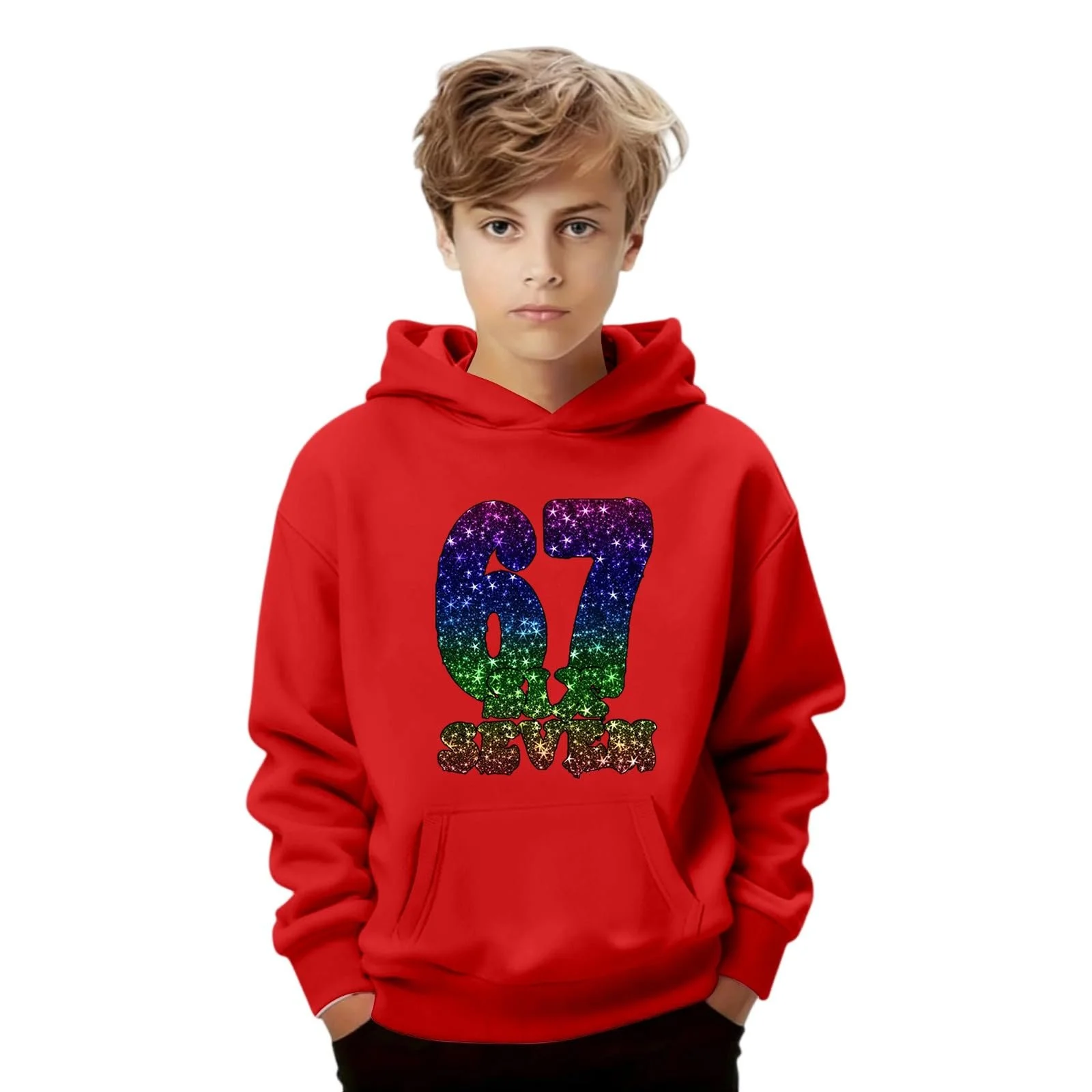 Детский пуловер 67 с капюшоном с карнавальным узором, мягкий флисовый, с карманами, размер 140, фото №2