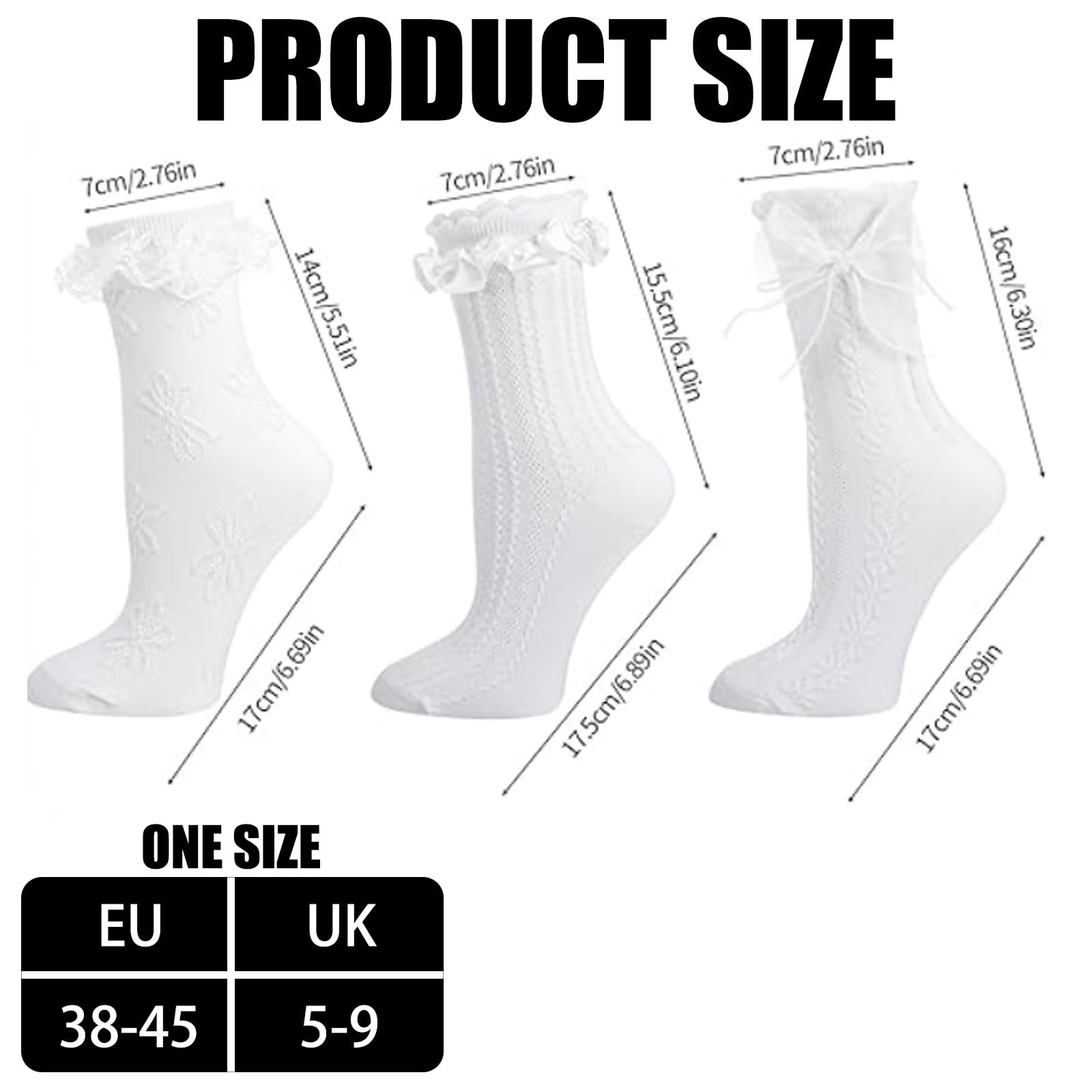 Носки с рюшами Женские 6 пар - Милые носки до щиколотки с кружевом и бантом из хлопка - Черно-белые дышащие балетные носки принцессы для девушек и женщин, фото №2
