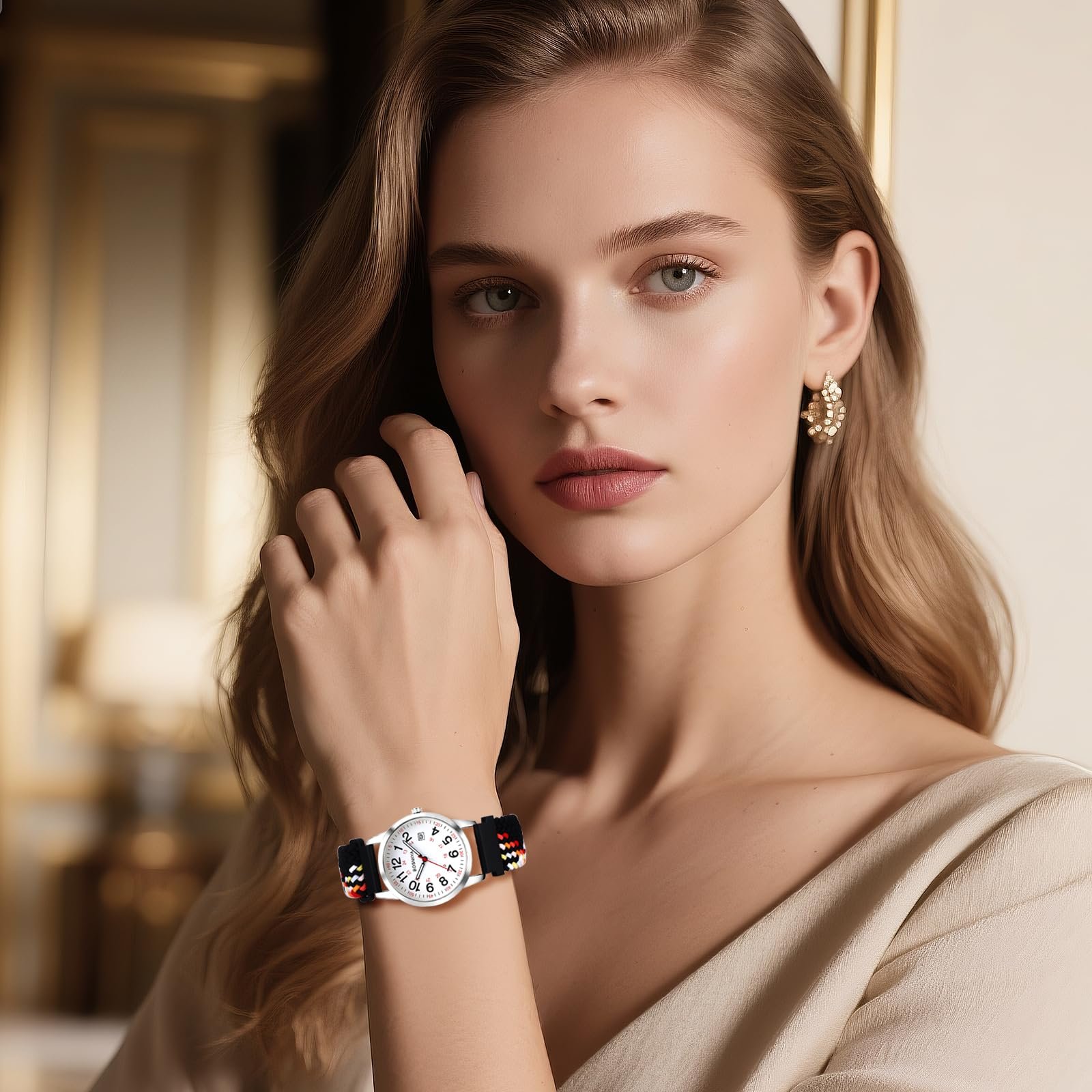 Часы Boho JewelryWe с плетеным эластичным тканевым ремешком, аналоговые кварцевые наручные часы с календарем, цветной тканый эластичный браслет, часы для пожилых людей с большими цифрами 12/24, фото №3 Часы Boho JewelryWe с плетеным эластичным тканевым ремешком, аналоговые кварцевые наручные часы с календарем, цветной тканый эластичный браслет, часы для пожилых людей с большими цифрами 12/24, фото №3