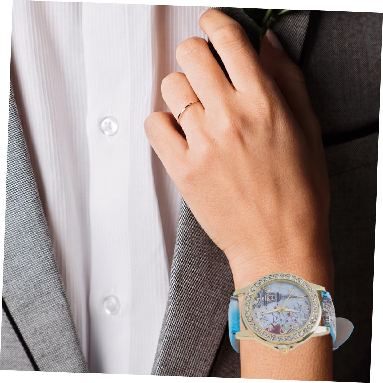 Женские часы PartyKindom с PU кожаным ремешком, регулируемыми стразами и мотивом сердца, аналоговые кварцевые часы, синий, фото №5