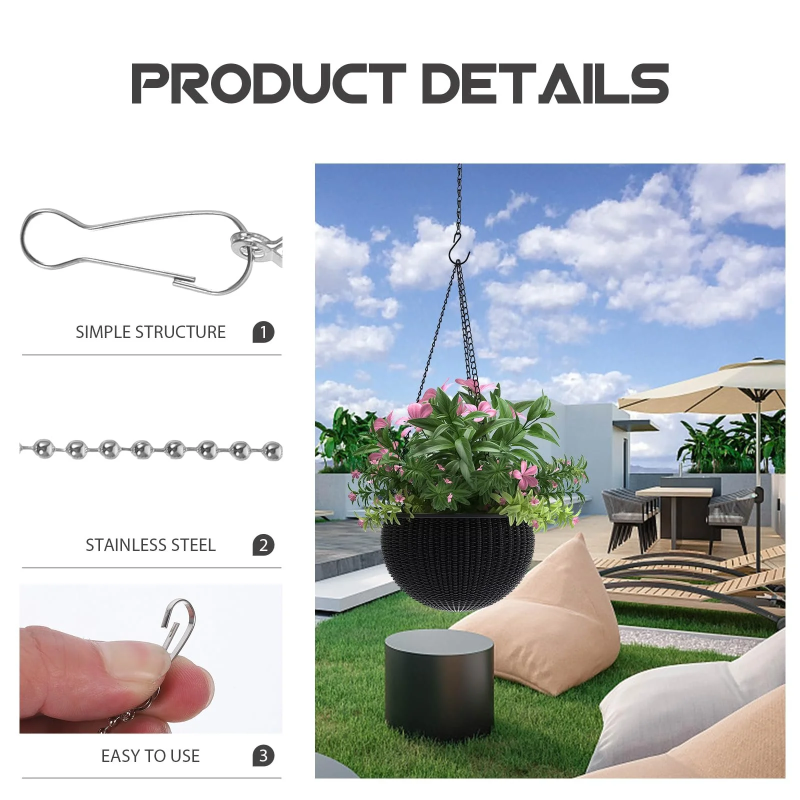Набір ланцюгів для підвісних кашпо та вивісок 28C Нержавіюча сталь з гачками, фото №3 Набір ланцюгів для підвісних кашпо та вивісок 28C Нержавіюча сталь з гачками, фото №3