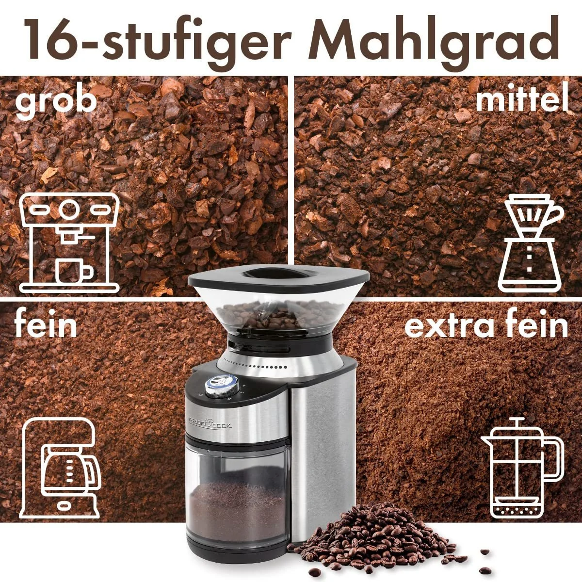 Електрична кавомолка ProfiCook PC-EKM 1205, 200 Вт, конічна, з нержавіючої сталі, 16 налаштувань помелу, таймер, до 230 г кавових зерен, фото №2