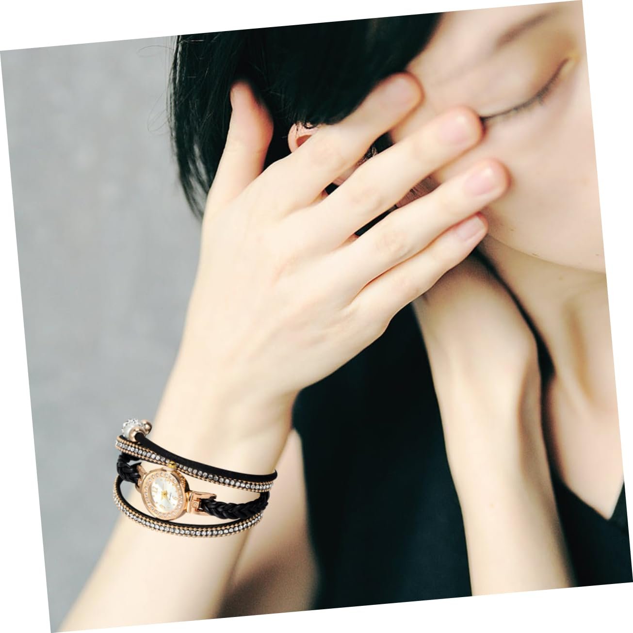 Женские наручные часы OATIPHO с плетеным браслетом, стразами, черные, фото №7