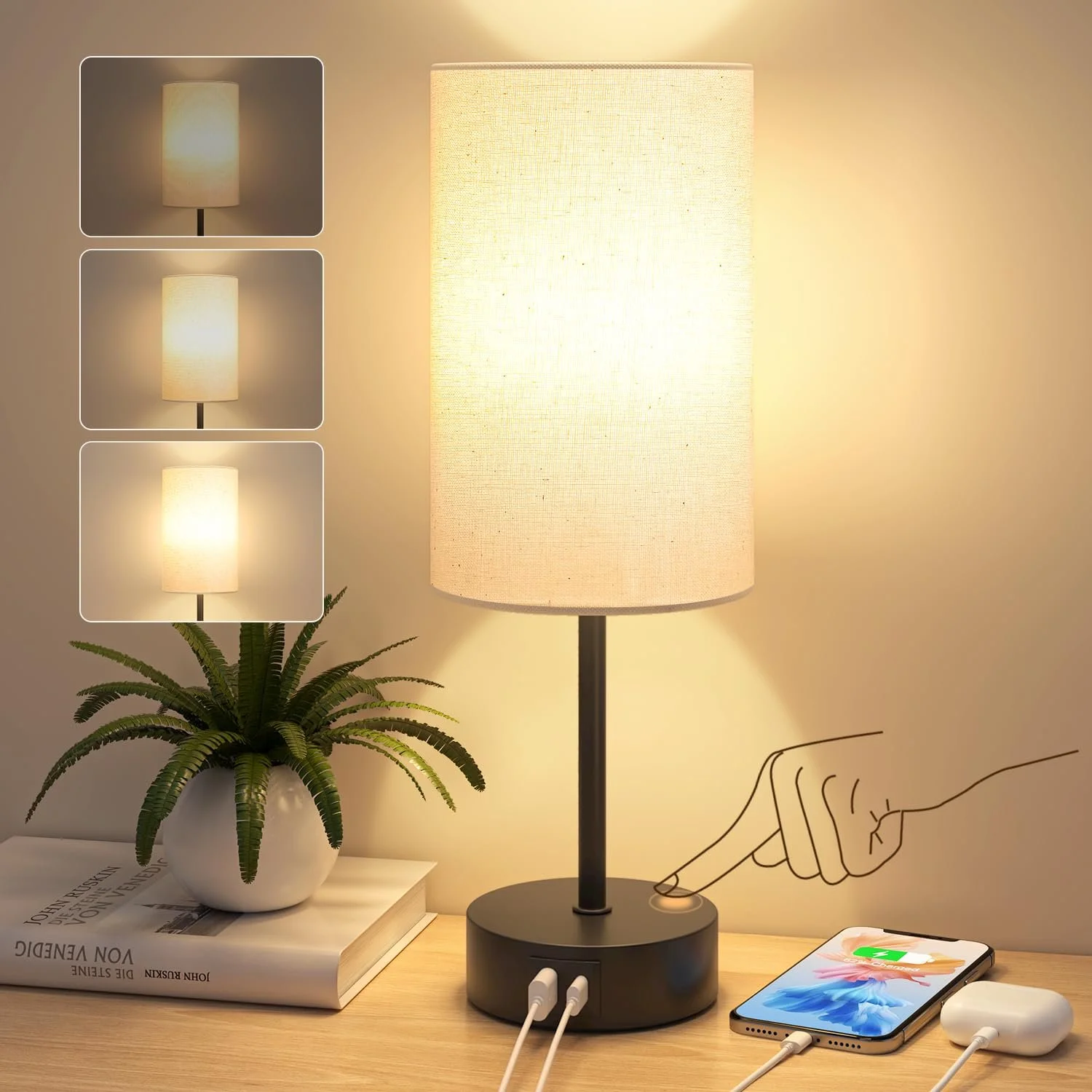 Настільна лампа Touch Dimmable USB A+C Linen Lampshade, фото №1