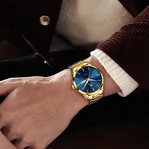 Чоловічий годинник OLEVS Золотий, Кварцовий аналоговий годинник з великим циферблатом з нержавіючої сталі synthetic.ua - Фото 1