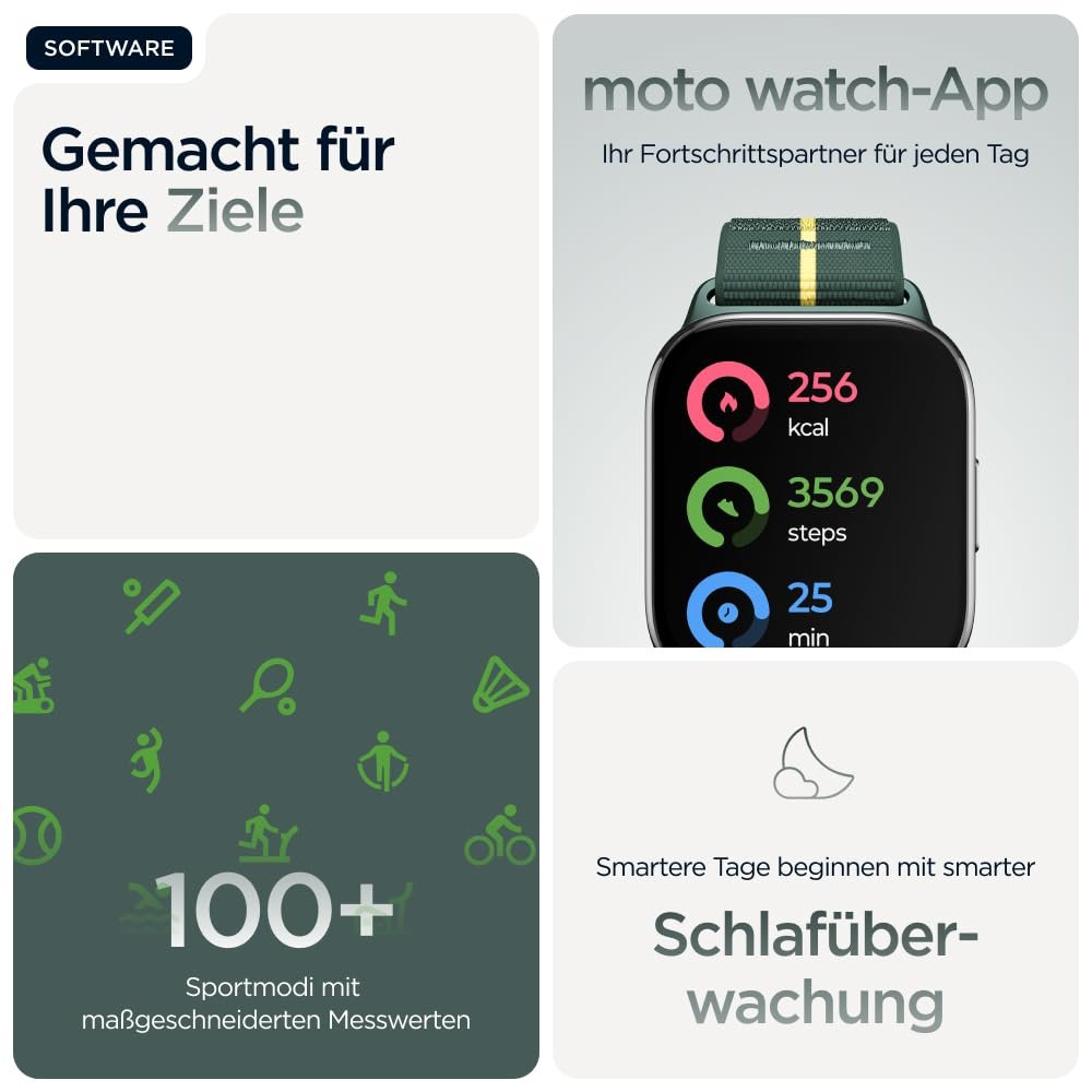 Смарт-часы Motorola Moto Watch Fit Функции фитнеса, Moto AI Control, 1,9-дюймовый OLED-дисплей, Gorilla Glass 3, IP68, до 16 дней автономной работы, BT, 32 ГБ/256 ГБ, Android, Trekking Green, фото №5