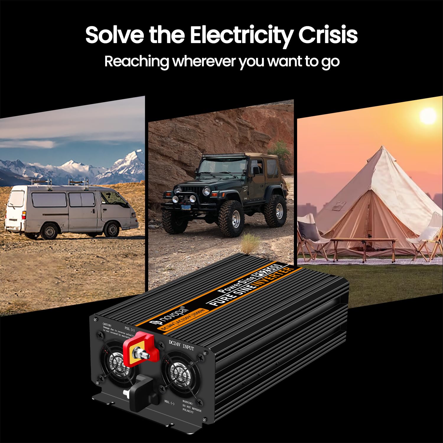 Конвертер Novopal 2500W Pure Sine Wave для автомобіля 24V на 230V з 2 європейськими розетками і USB портом з дистанційним керуванням 5 метрів пікової потужності 5000W, фото №4