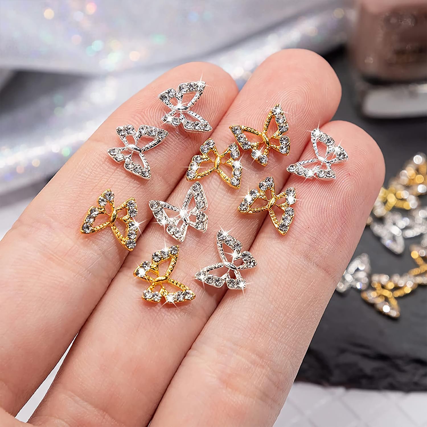 Подвески для ногтей в виде бабочек (40 шт.) Блестки Металл Золото, Серебро, фото №4