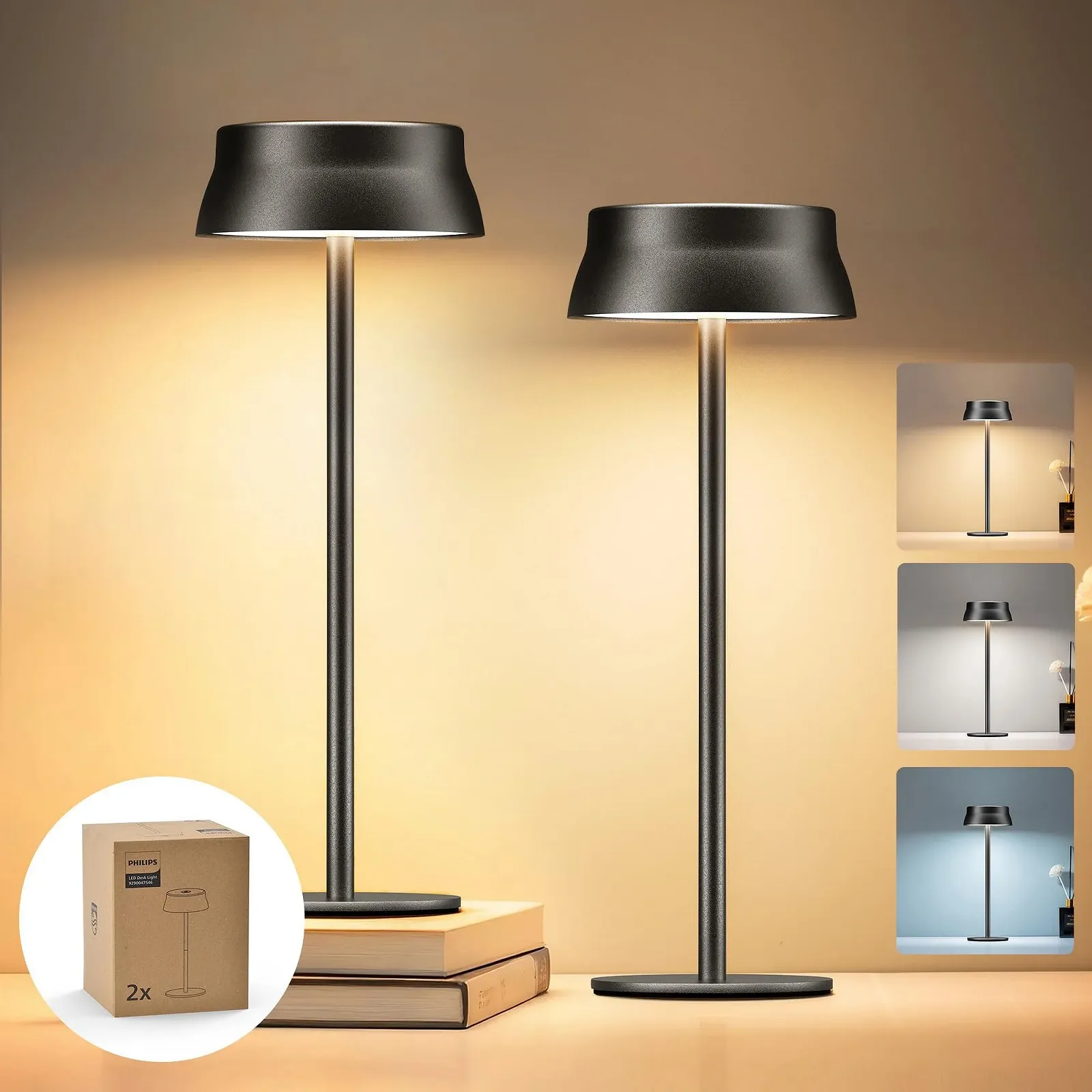 Настільна лампа Philips Wireless портативна світлодіодна акумуляторна з 2 рівнями регулювання висоти сенсорна вологозахищена Чорний, набір з 2 шт., фото №1