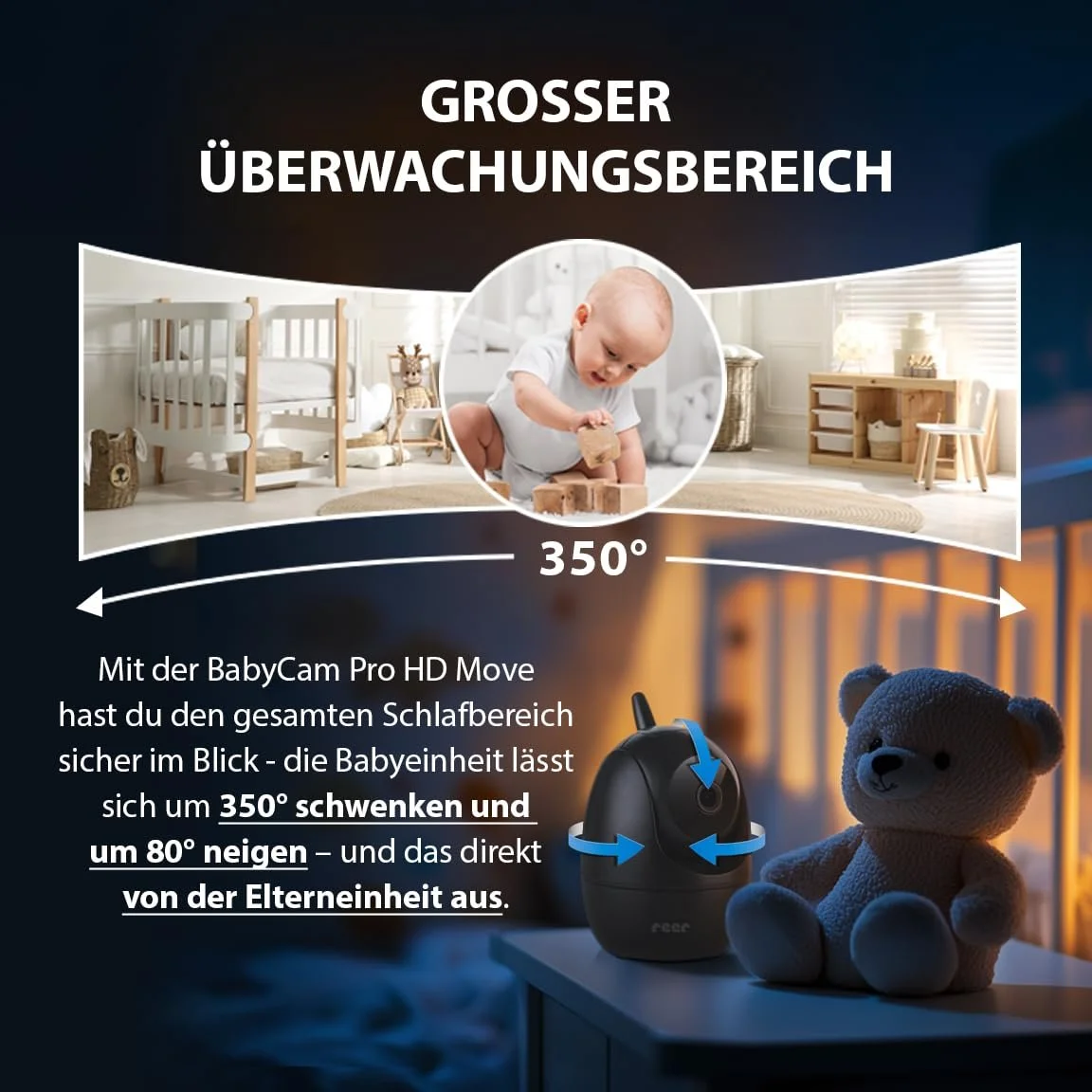 Відеоняня reer BabyCam Pro HD Move 5" HD FHSS 300 м Pan & Tilt 4x Zoom, фото №7 Відеоняня reer BabyCam Pro HD Move 5" HD FHSS 300 м Pan & Tilt 4x Zoom, фото №7
