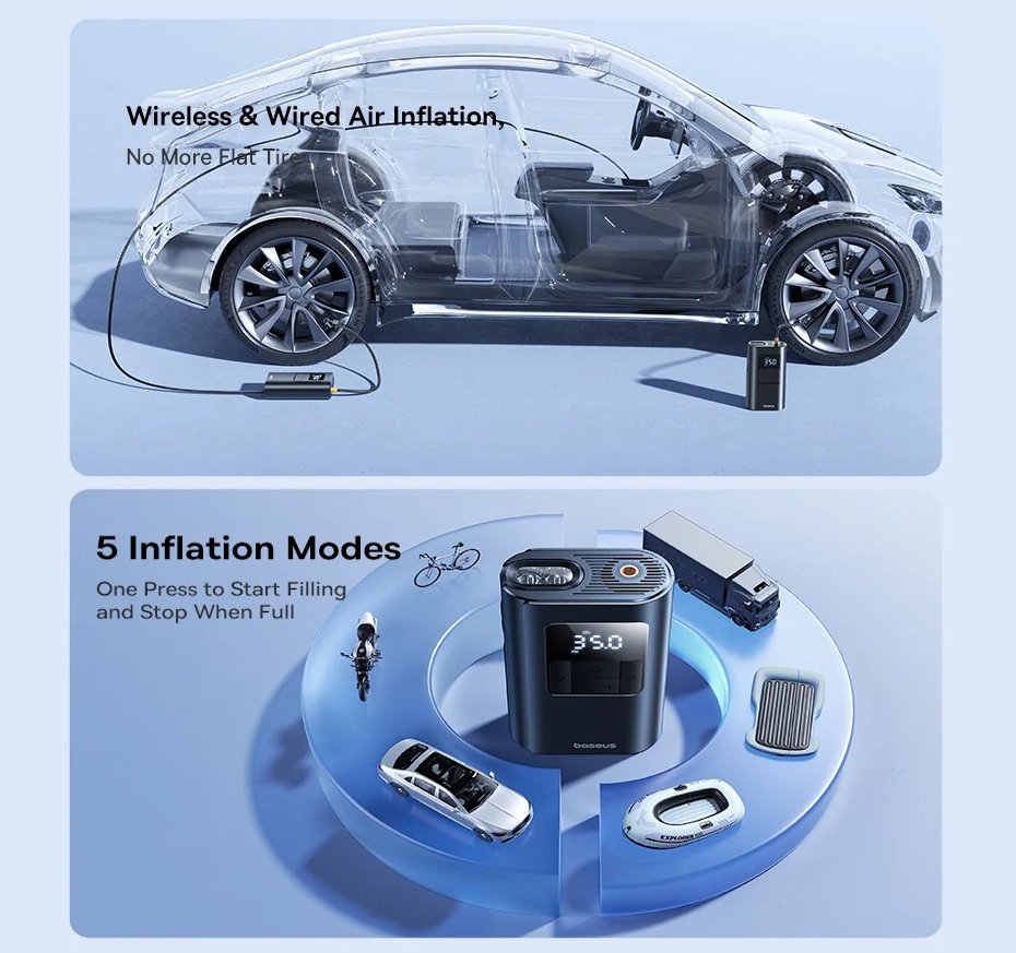 Портативний автокомпресор Baseus PrimeTrip VA1 2-in-1 акумуляторний компресор, фото №13